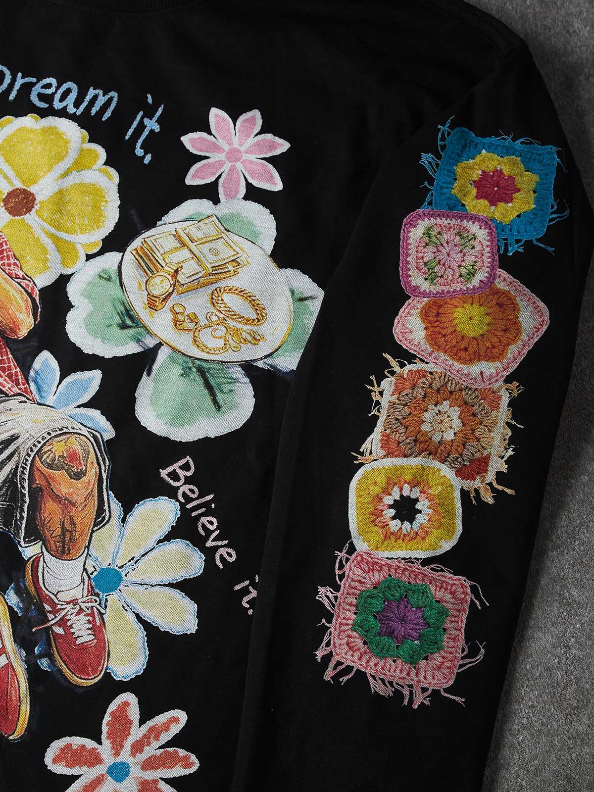 NOISSEY "Dream & Win" Fake Crochet Patchwork Floral & Cash Portrait Graphic Long Sleeve Tee Two Colors