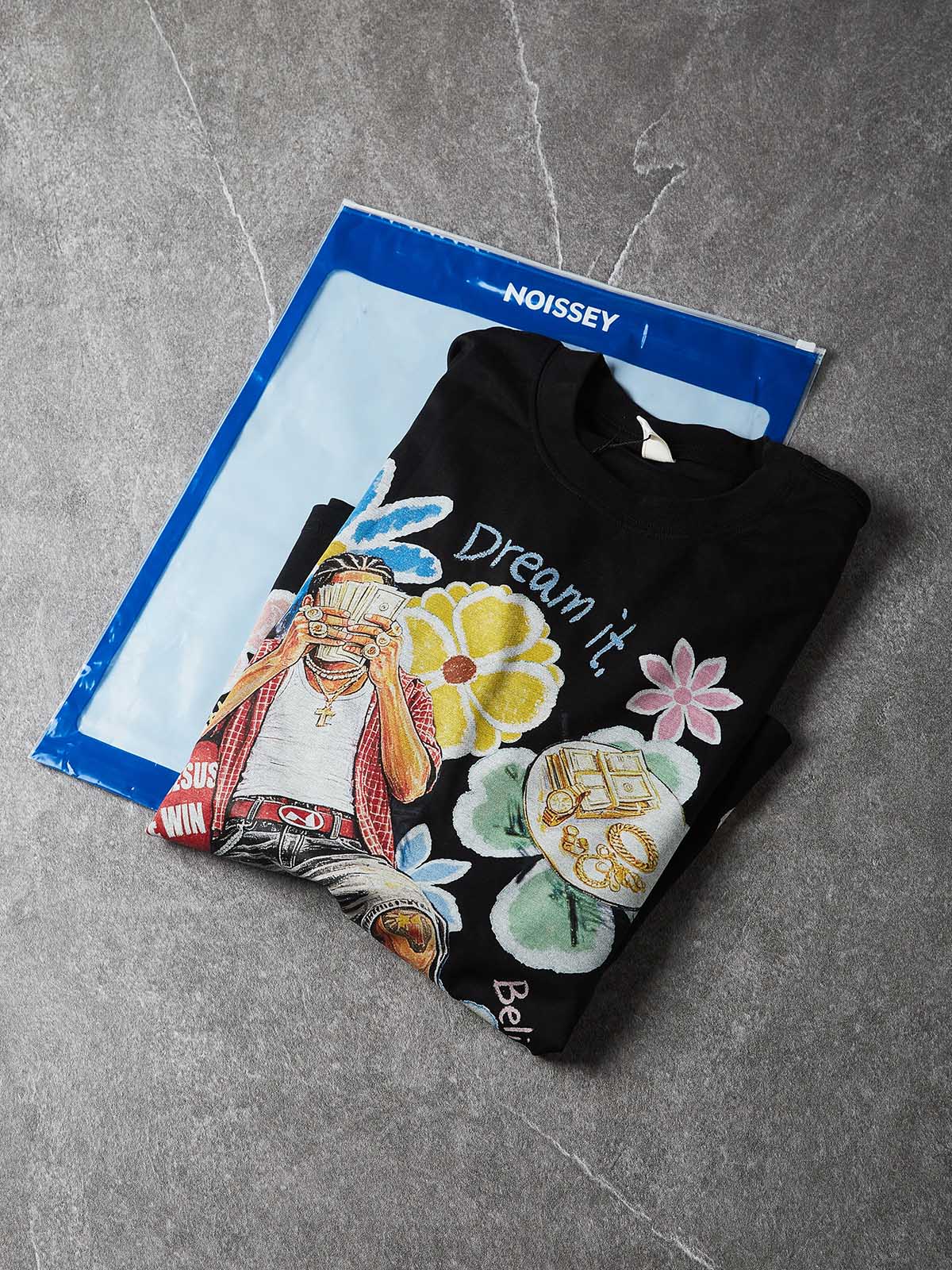 NOISSEY "Dream & Win" Fake Crochet Patchwork Floral & Cash Portrait Graphic Long Sleeve Tee Two Colors