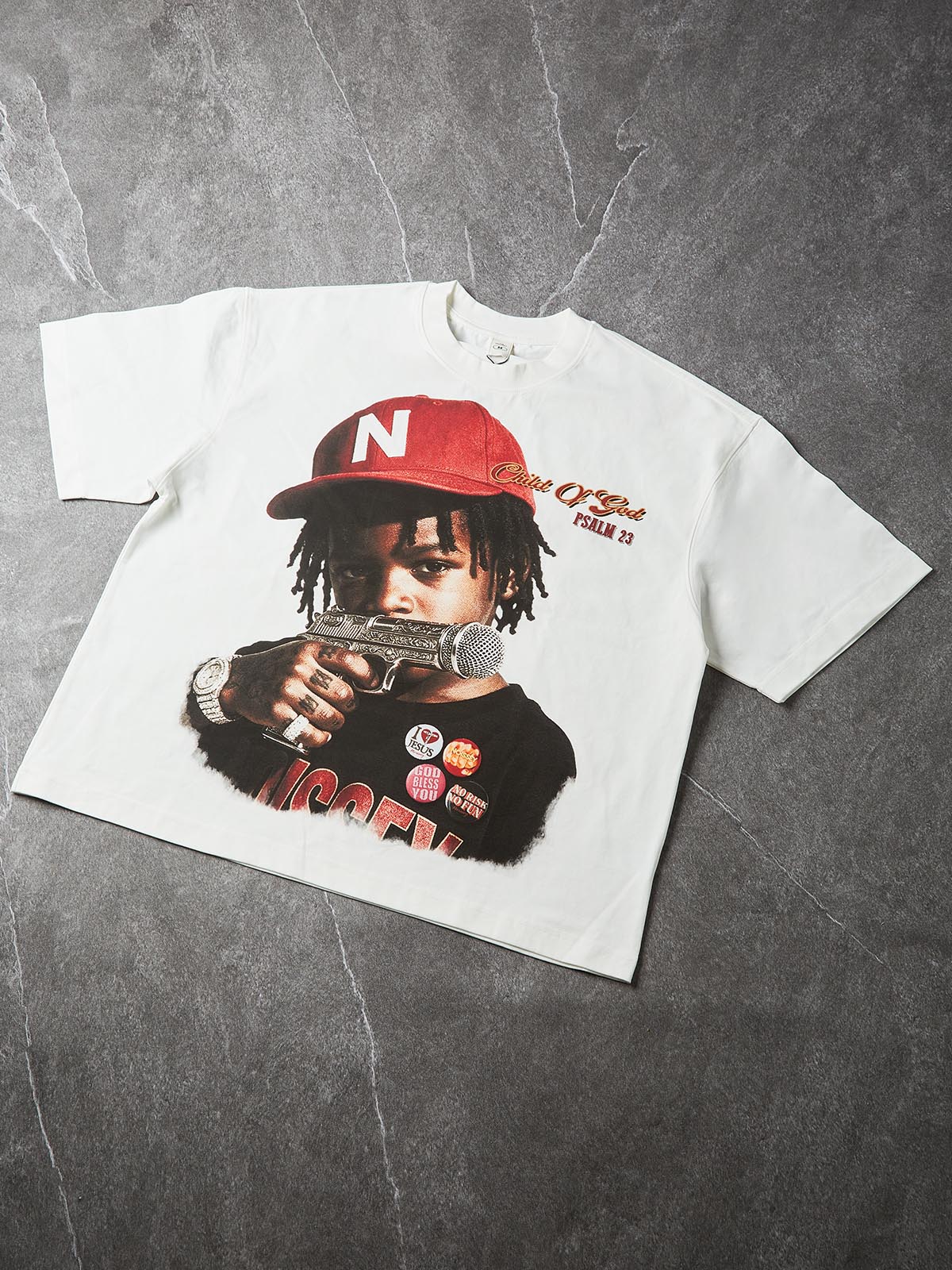 NOISSEY "Child Of God" Engraved Mic Pistol Graphic Boxy Oversized T-Shirt
