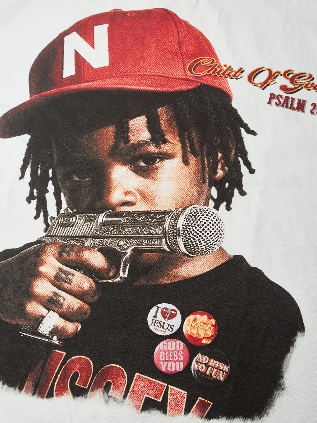 NOISSEY "Child Of God" Engraved Mic Pistol Graphic Boxy Oversized T-Shirt