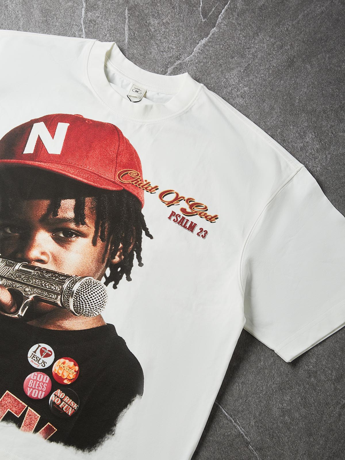 NOISSEY "Child Of God" Engraved Mic Pistol Graphic Boxy Oversized T-Shirt