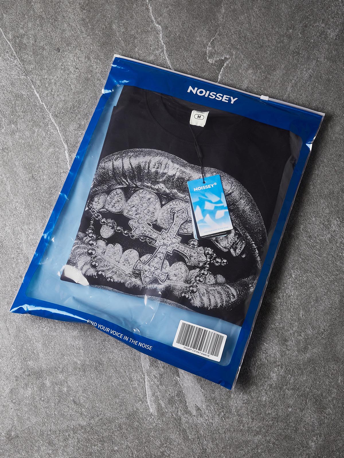 NOISSEY "Silver Metallic Lips" Chrome Cross & Diamond Grillz Graphic Long Sleeve Tee