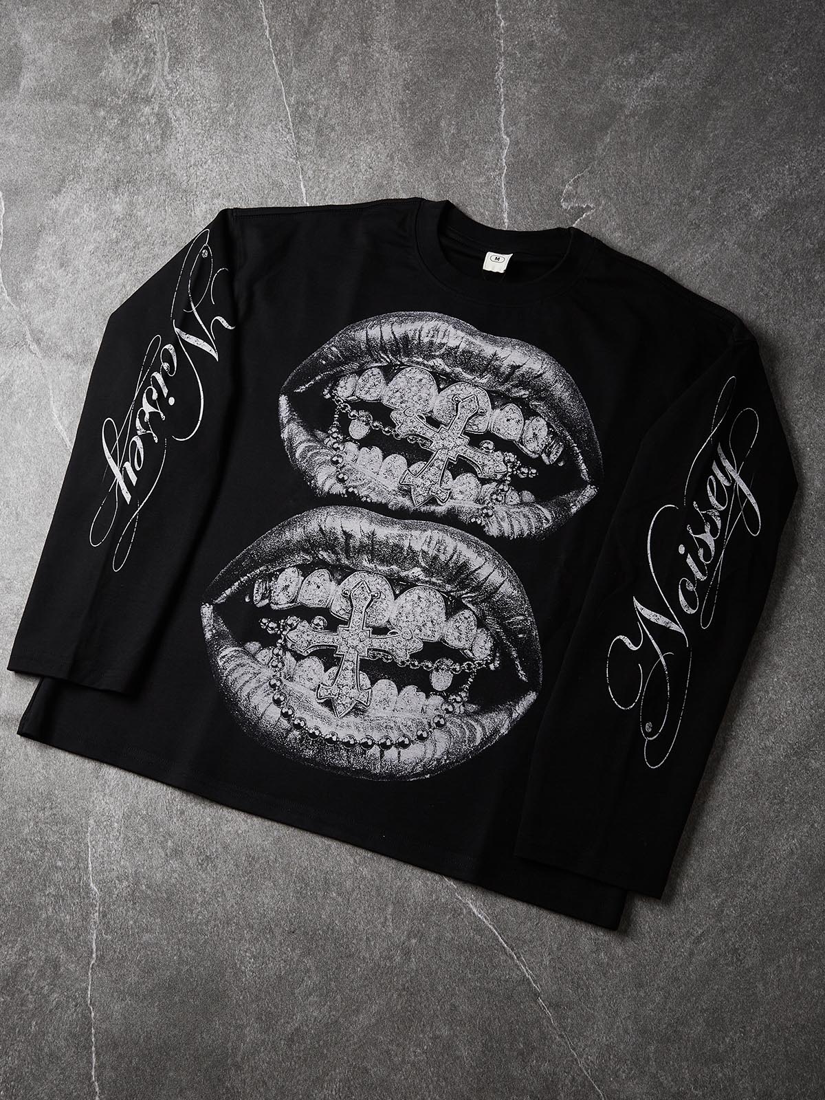 NOISSEY "Silver Metallic Lips" Chrome Cross & Diamond Grillz Graphic Long Sleeve Tee