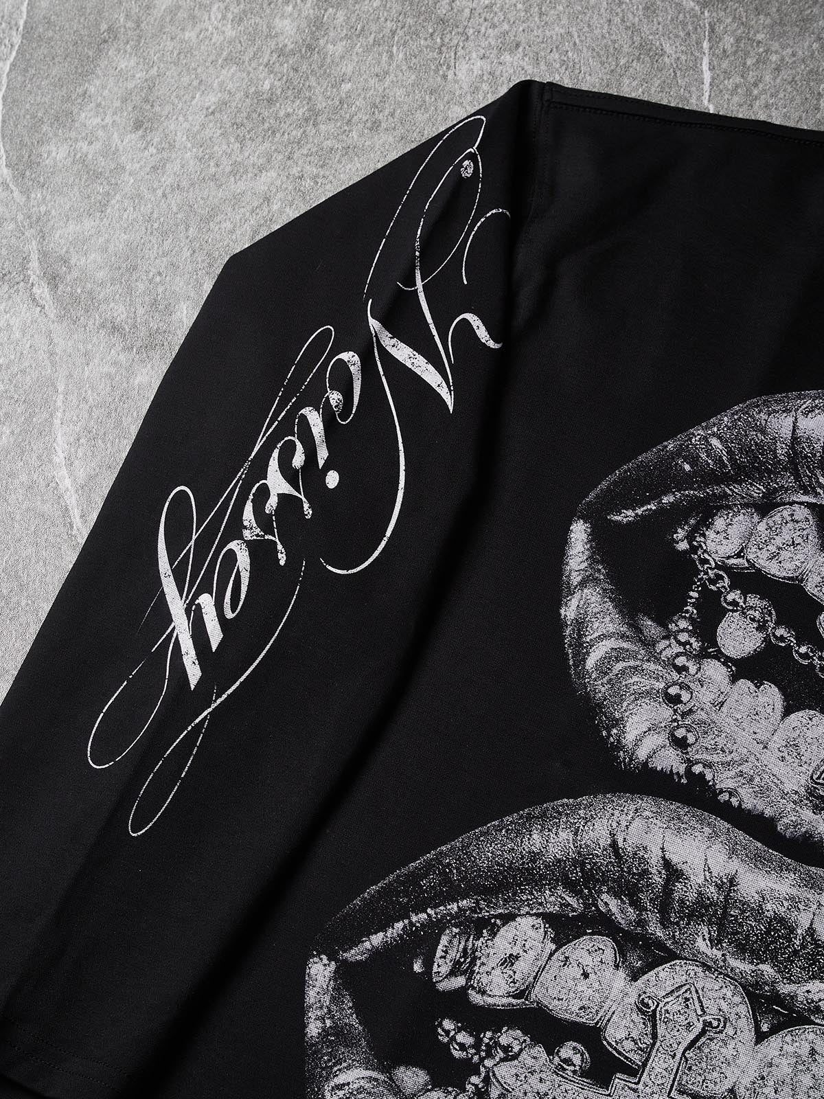 NOISSEY "Silver Metallic Lips" Chrome Cross & Diamond Grillz Graphic Long Sleeve Tee