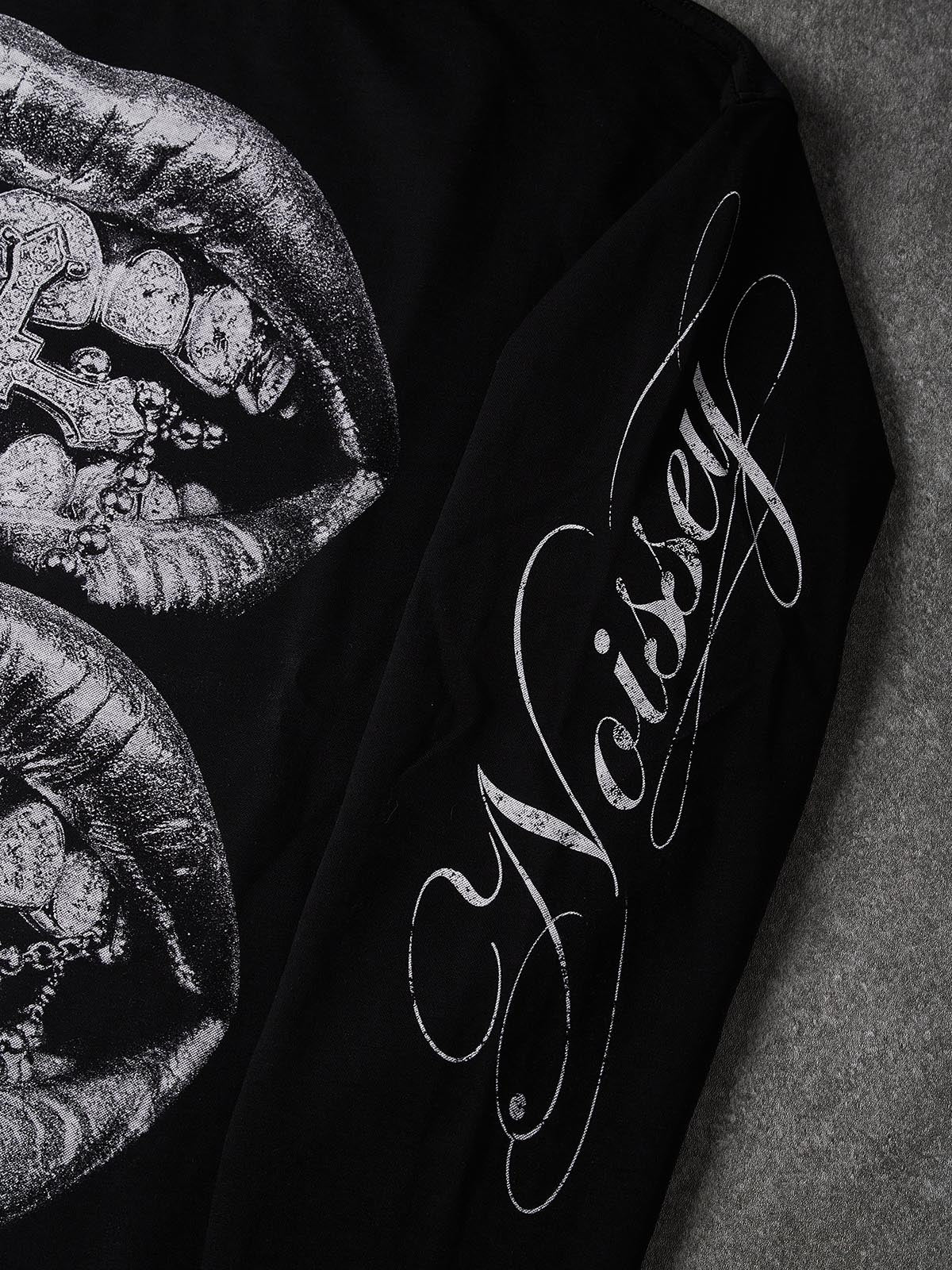 NOISSEY "Silver Metallic Lips" Chrome Cross & Diamond Grillz Graphic Long Sleeve Tee