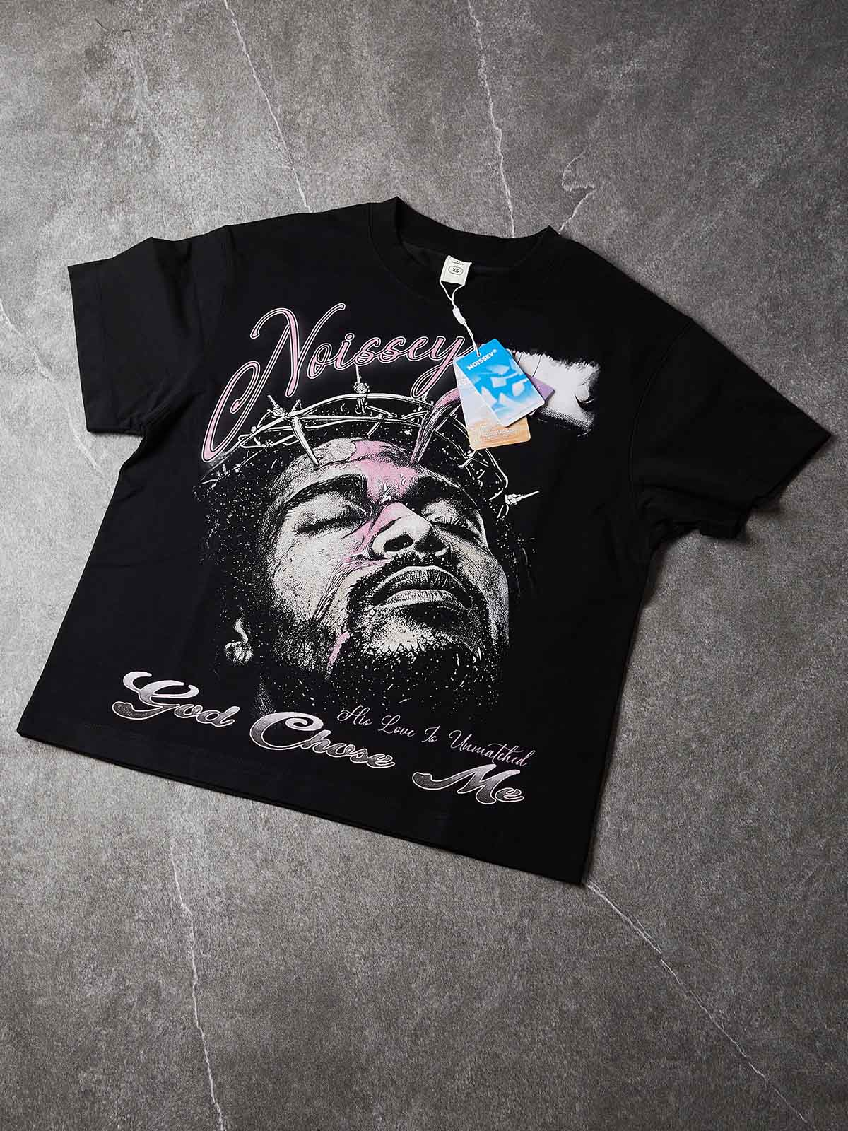 NOISSEY "God Chose Me" Crown of Thorns &amp; Purple Liquid Graphic Boxy Oversized T-Shirt