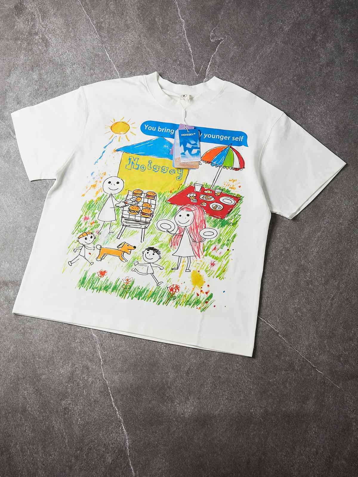 NOISSEY "Younger Self" Crayon Picnic Graphic Oversized Tee - Studio White