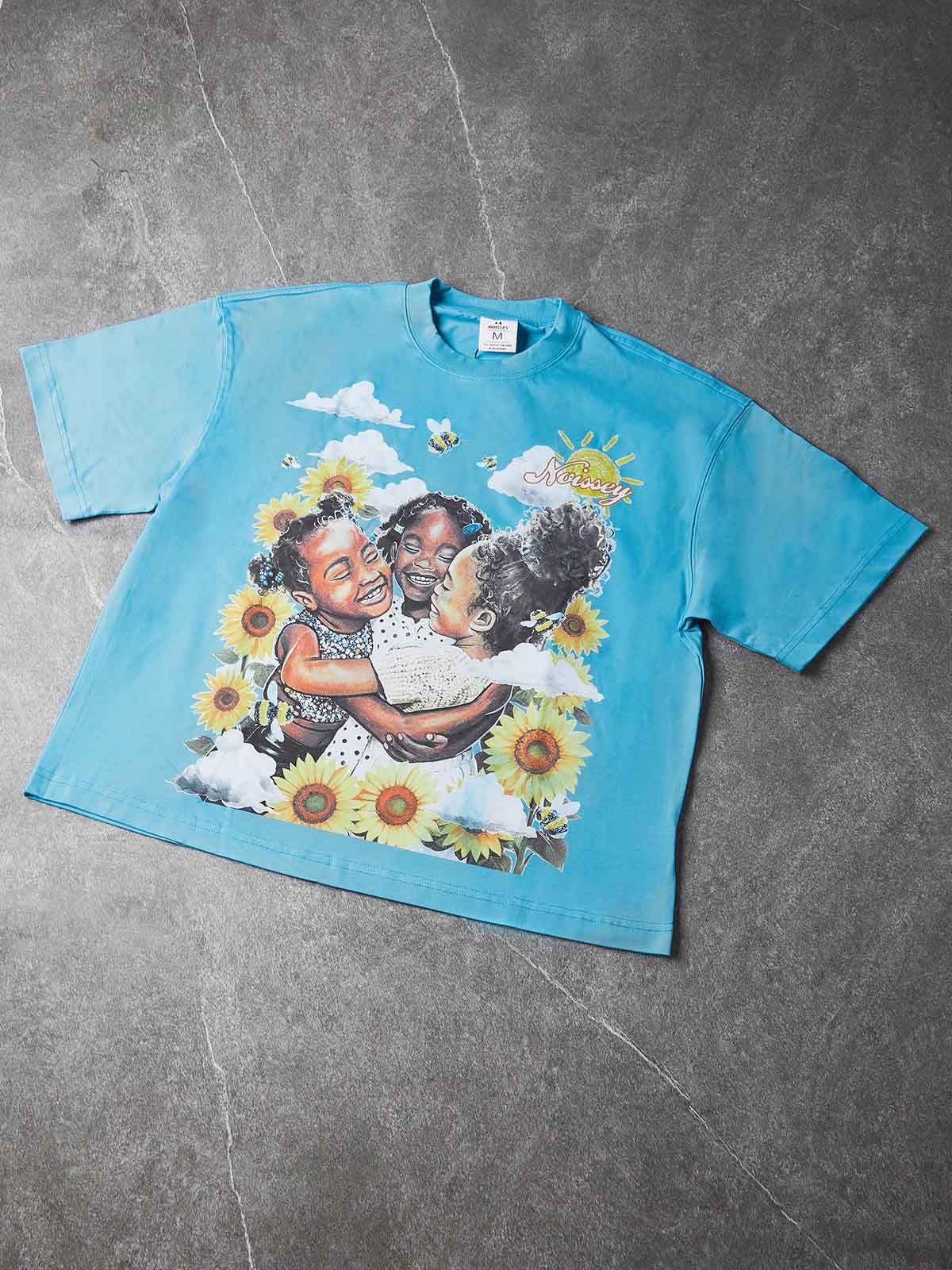 NOISSEY "Pure Sunburst" Kids & Sunflower Vintage Art Graphic Boxy Tee
