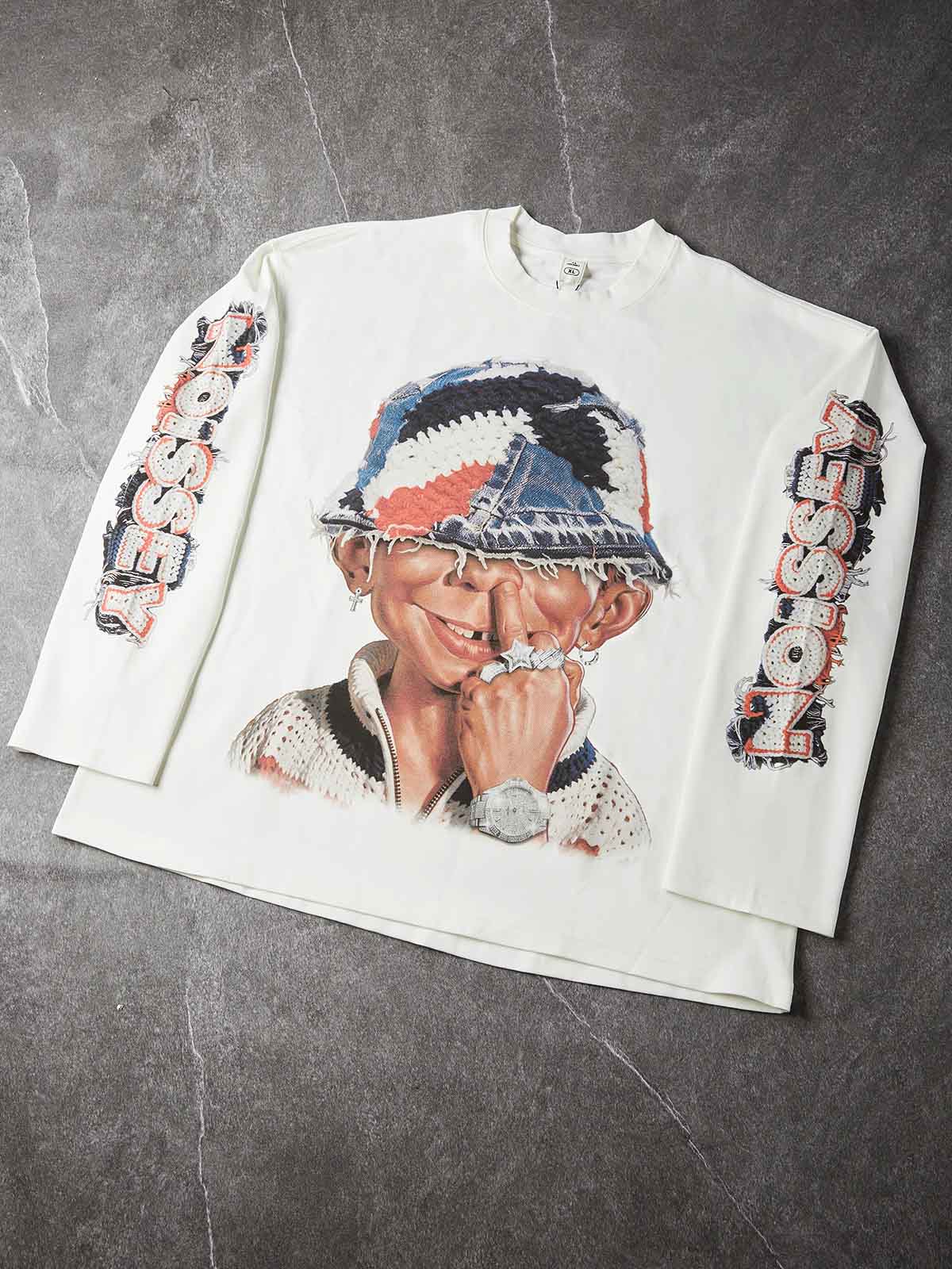 NOISSEY "Bad Boy" Crochet Bucket Hat Printed Graphic Boxy Sweatshirt -  White
