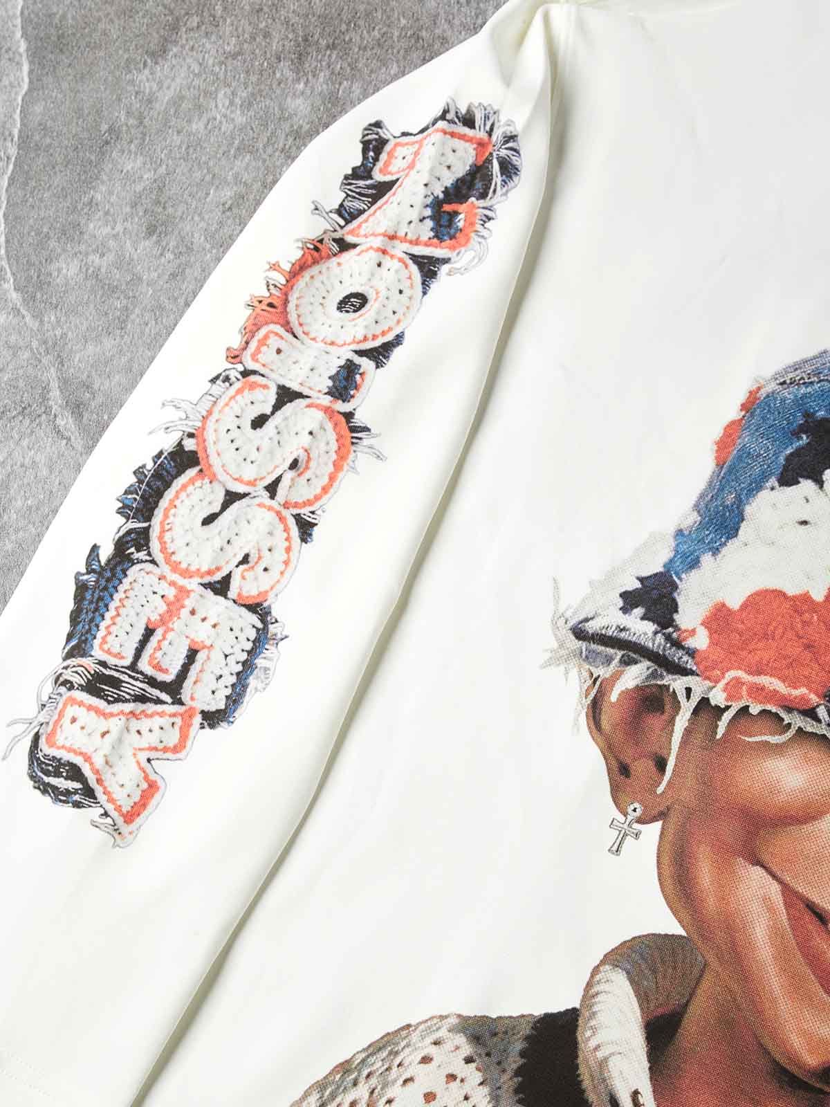 NOISSEY "Bad Boy" Crochet Bucket Hat Printed Graphic Boxy Sweatshirt -  White