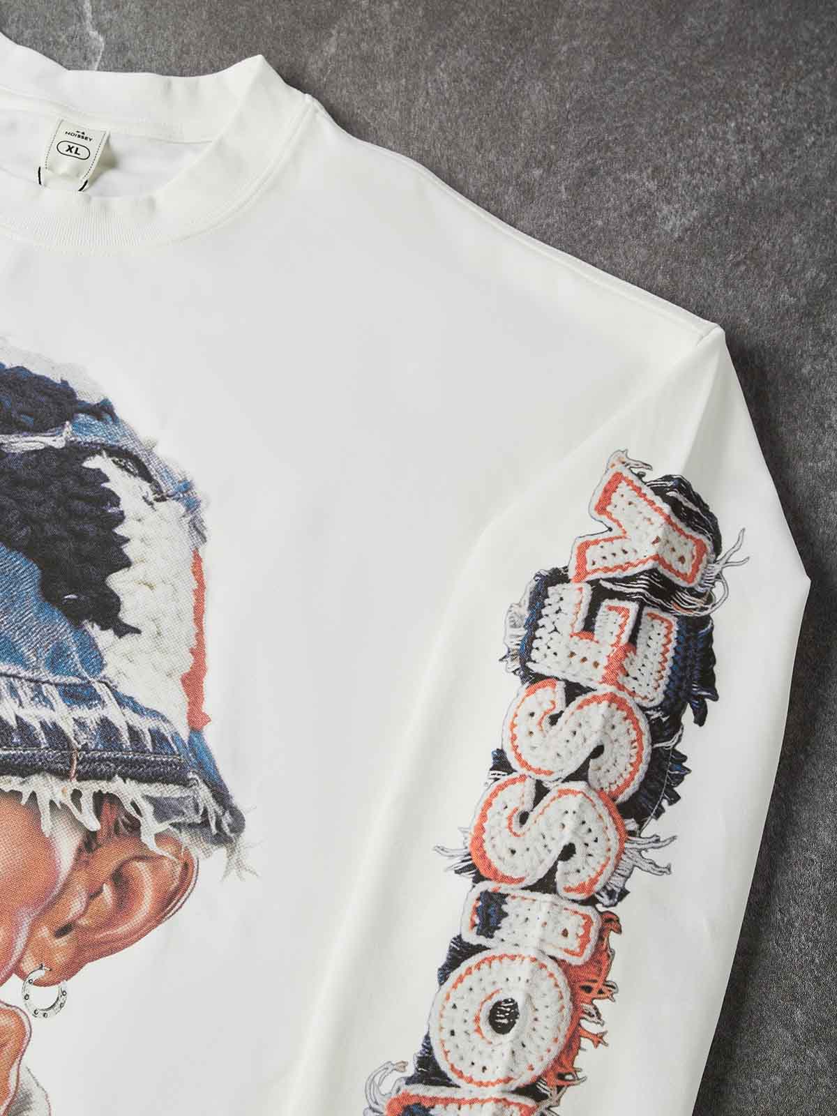 NOISSEY "Bad Boy" Crochet Bucket Hat Printed Graphic Boxy Sweatshirt -  White