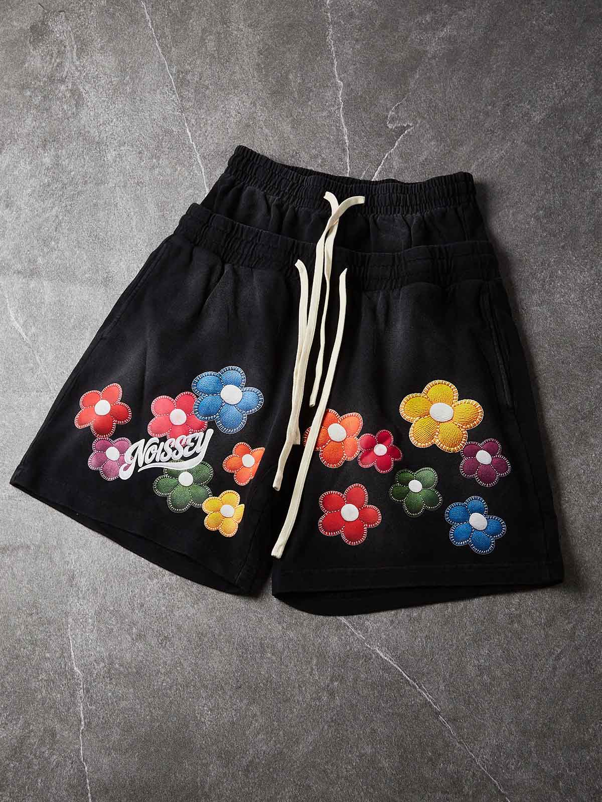 NOISSEY Washed Black Rainbow Flower &amp; Script LOGO Printed Oversized Sweat Shorts