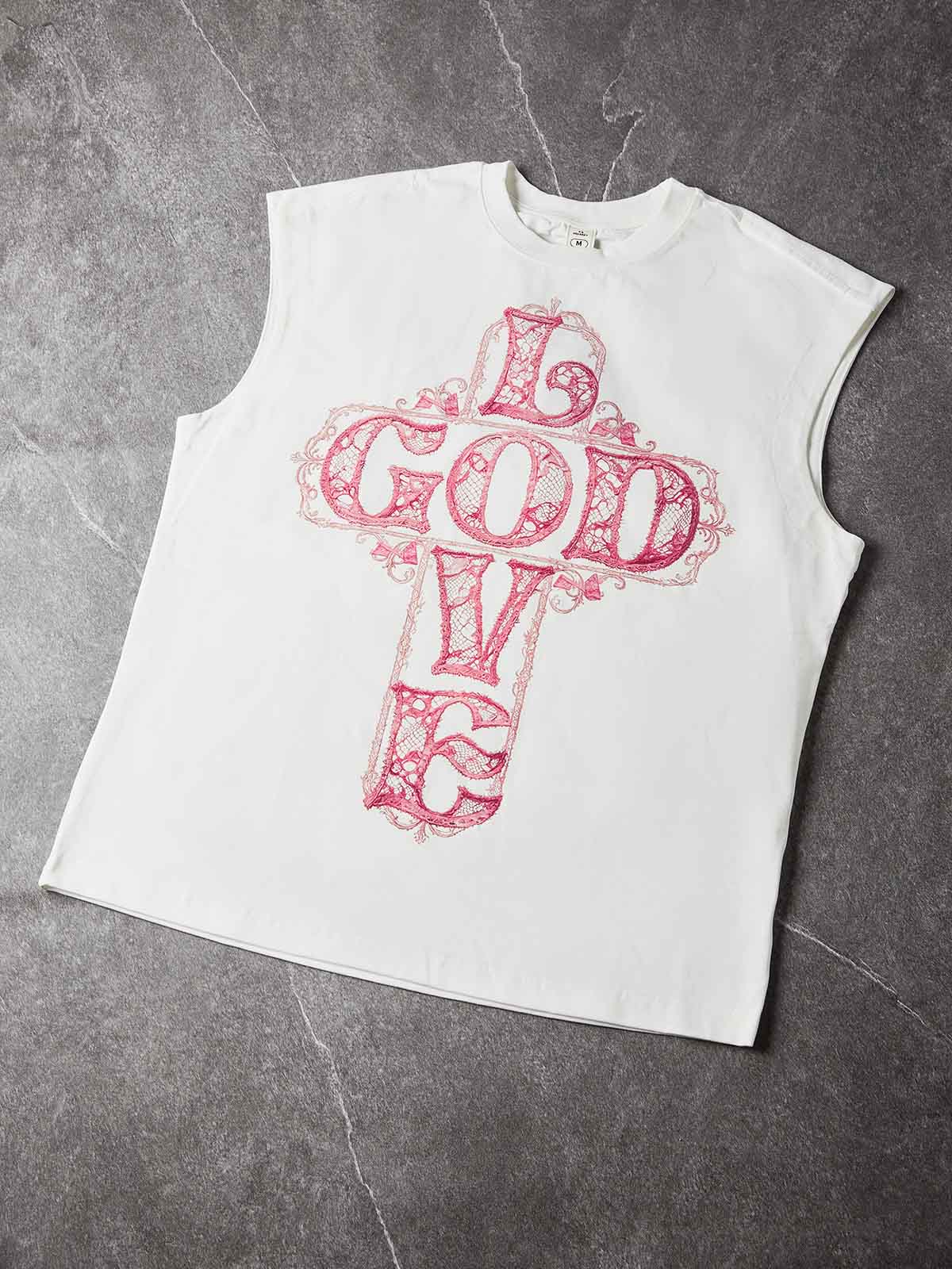 NOISSEY Pink Lace Cross "GOD IS LOVE" Graphic Oversized Tank Top - Pure White