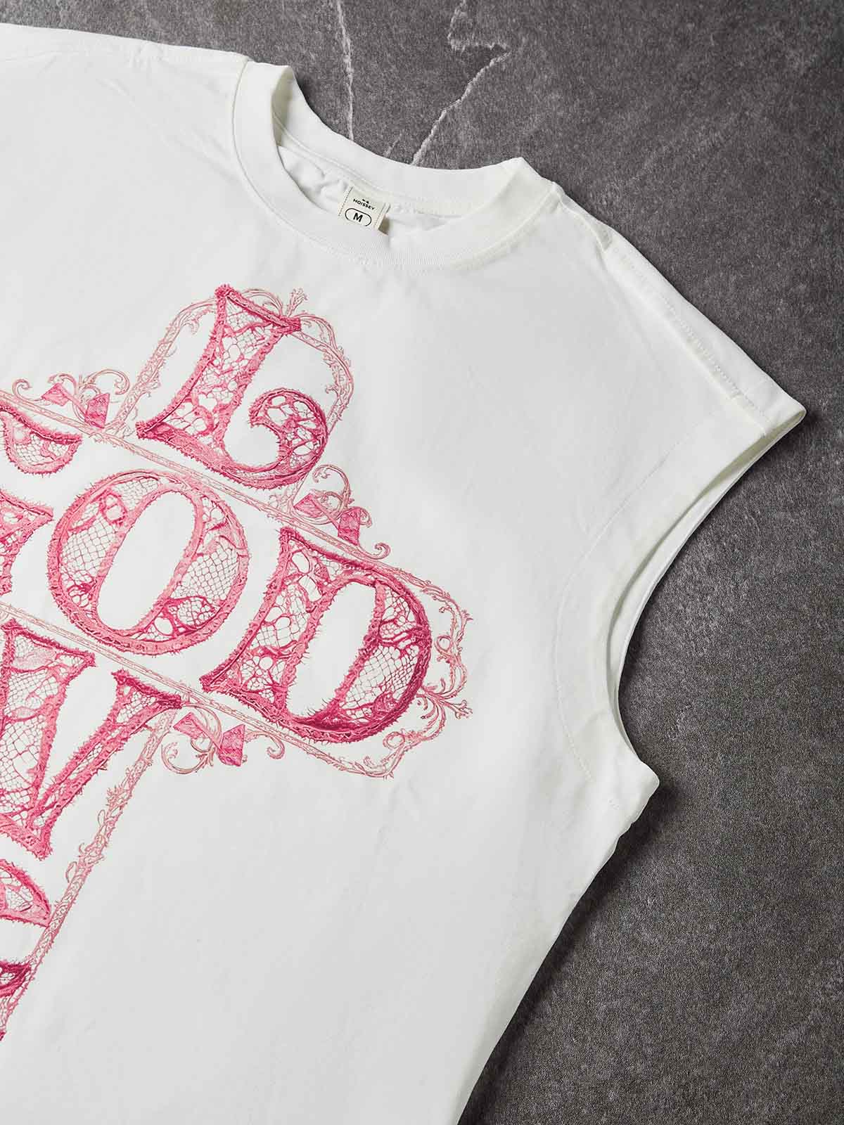 NOISSEY Pink Lace Cross "GOD IS LOVE" Graphic Oversized Tank Top - Pure White