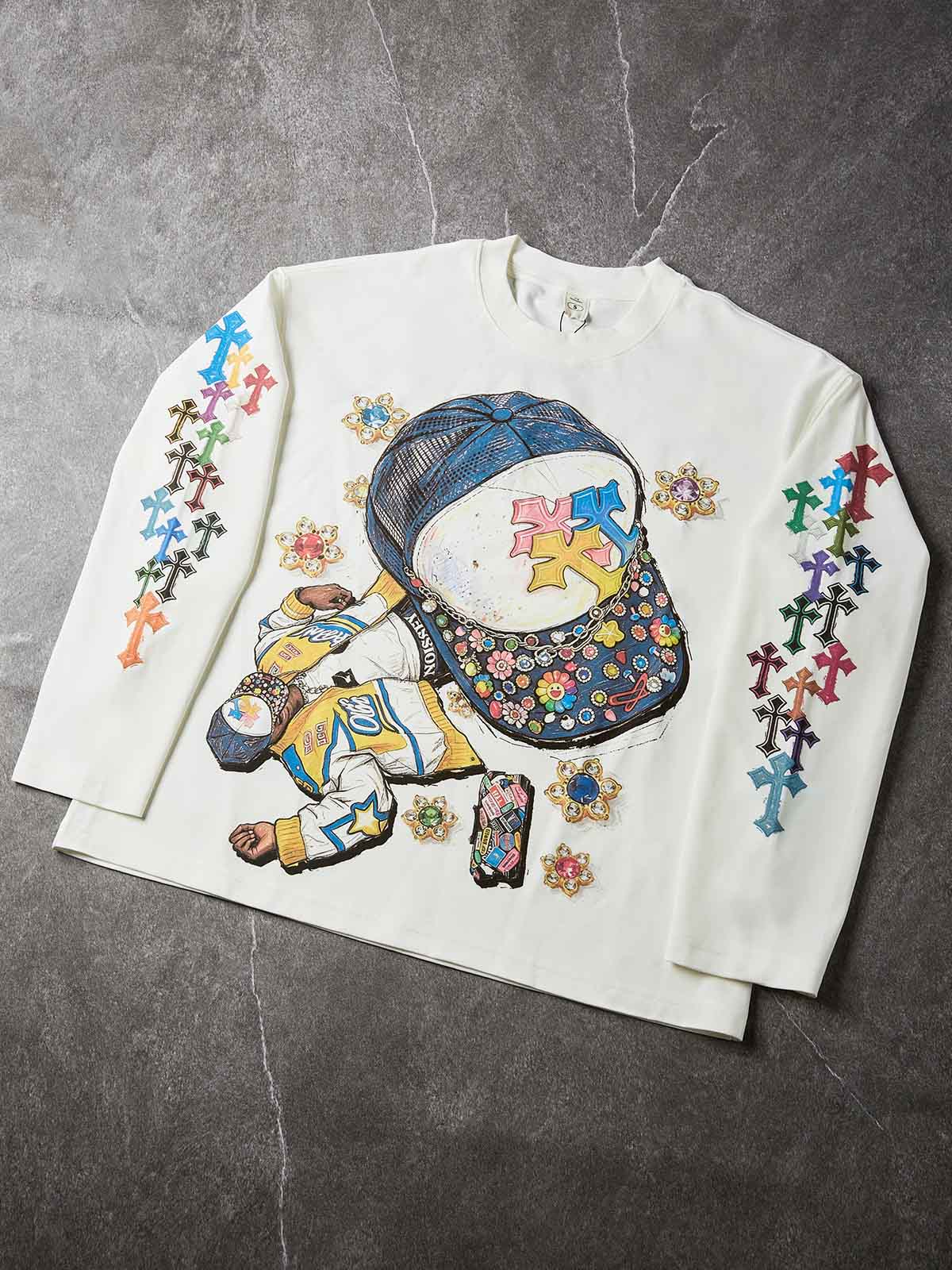 NOISSEY Hip-Hop Trucker Hat &amp; Gem Cross Graphic Long Sleeve Sweatshirt - Two Colors