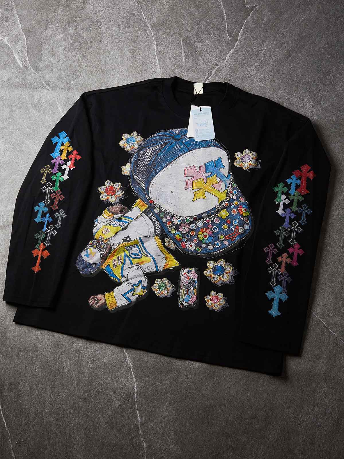 NOISSEY Hip-Hop Trucker Hat &amp; Gem Cross Graphic Long Sleeve Sweatshirt - Two Colors