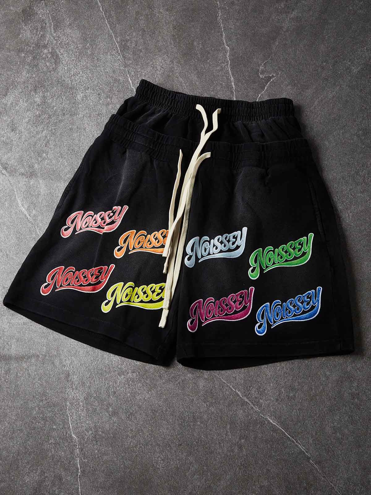 NOISSEY Washed Black Multi-Color Script LOGO Printed Oversized Sweat Shorts
