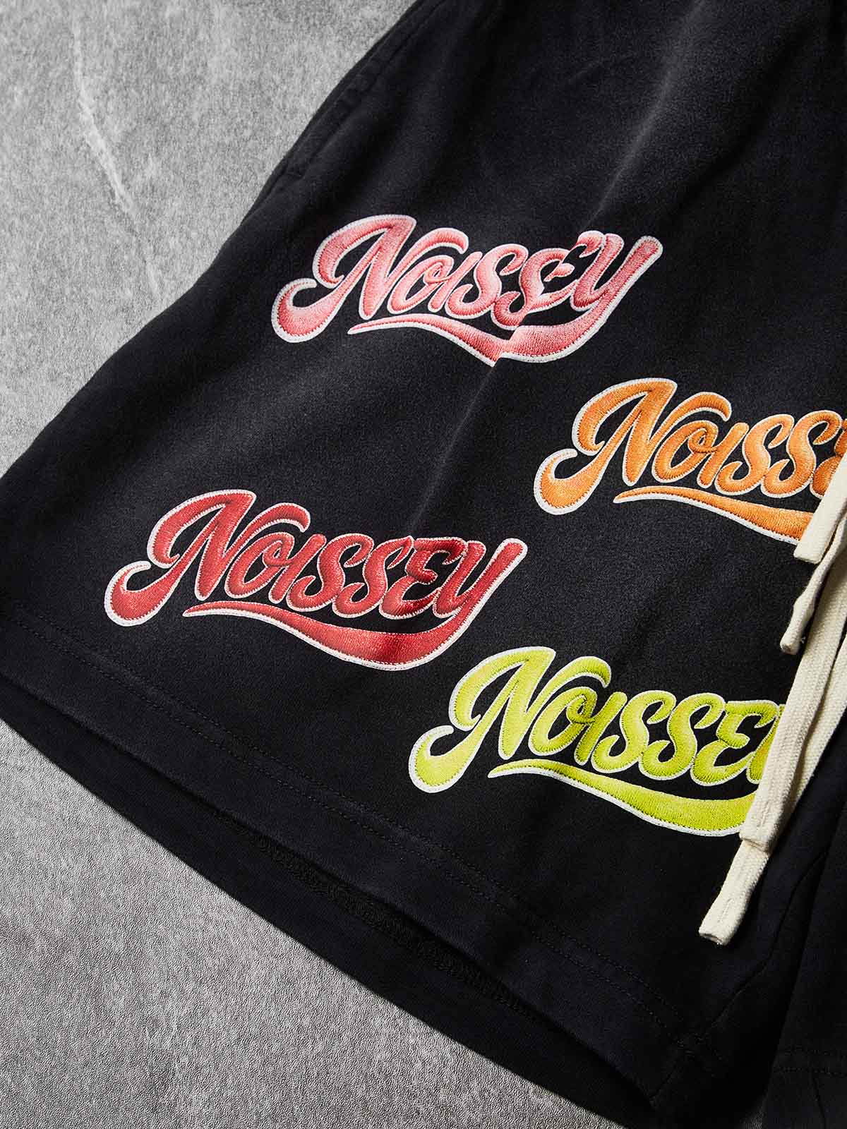 NOISSEY Washed Black Multi-Color Script LOGO Printed Oversized Sweat Shorts
