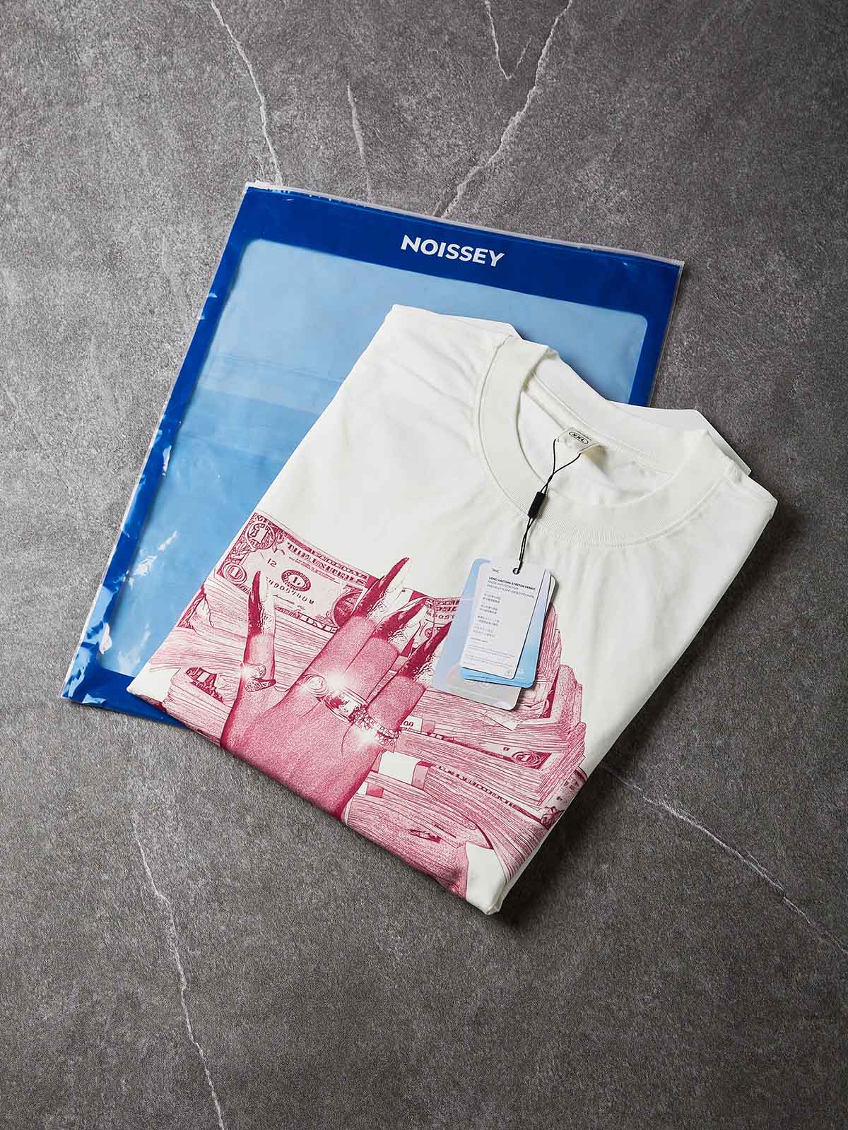 NOISSEY Money Stack & Jeweled Hand Graphic Oversized T-Shirt - Pure White