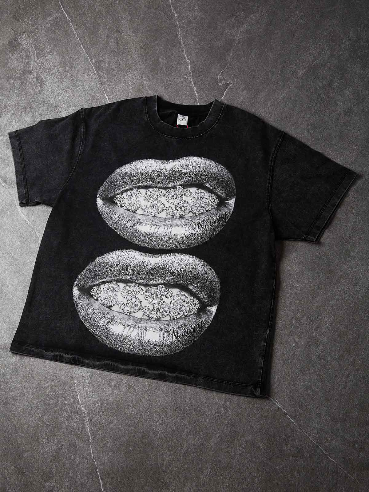 NOISSEY Double Silver Lips & Dollar Grillz Washed Vintage Oversized T-Shirt - Washed Black