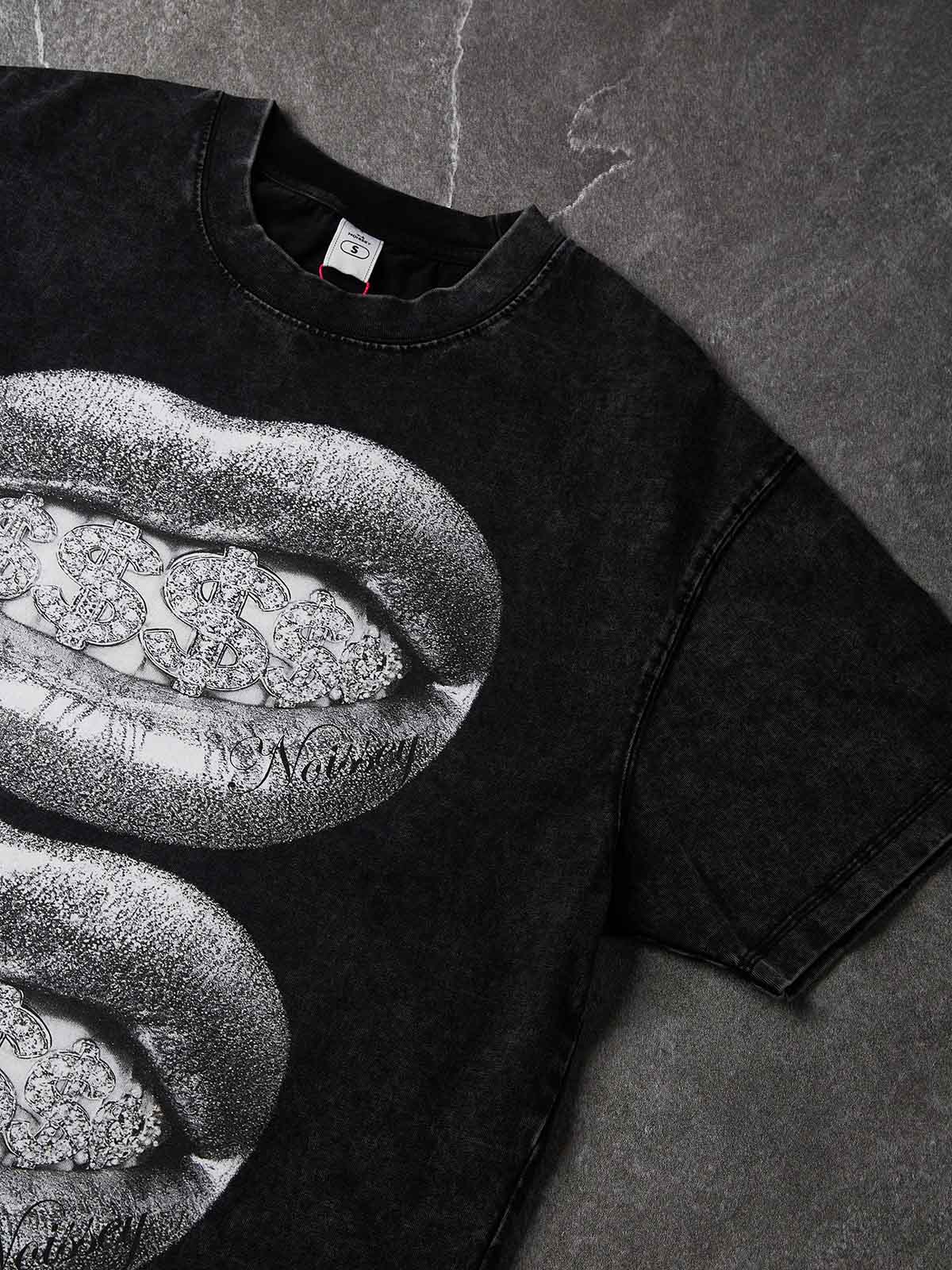 NOISSEY Double Silver Lips & Dollar Grillz Washed Vintage Oversized T-Shirt - Washed Black