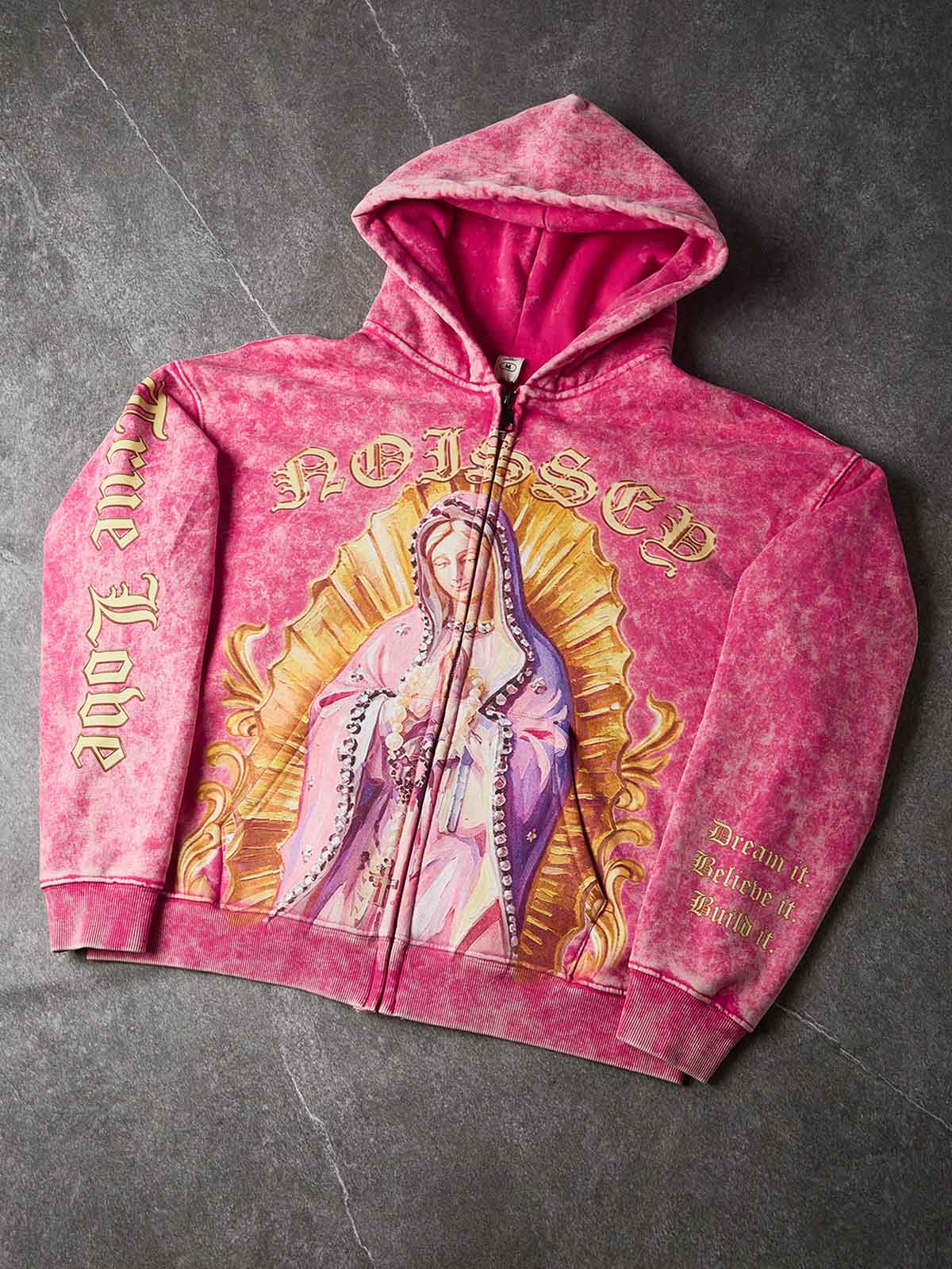 NOISSEY Stone Washed Peach Pink Virgin of Guadalupe Printed Boxy Zip-Up Hoodie