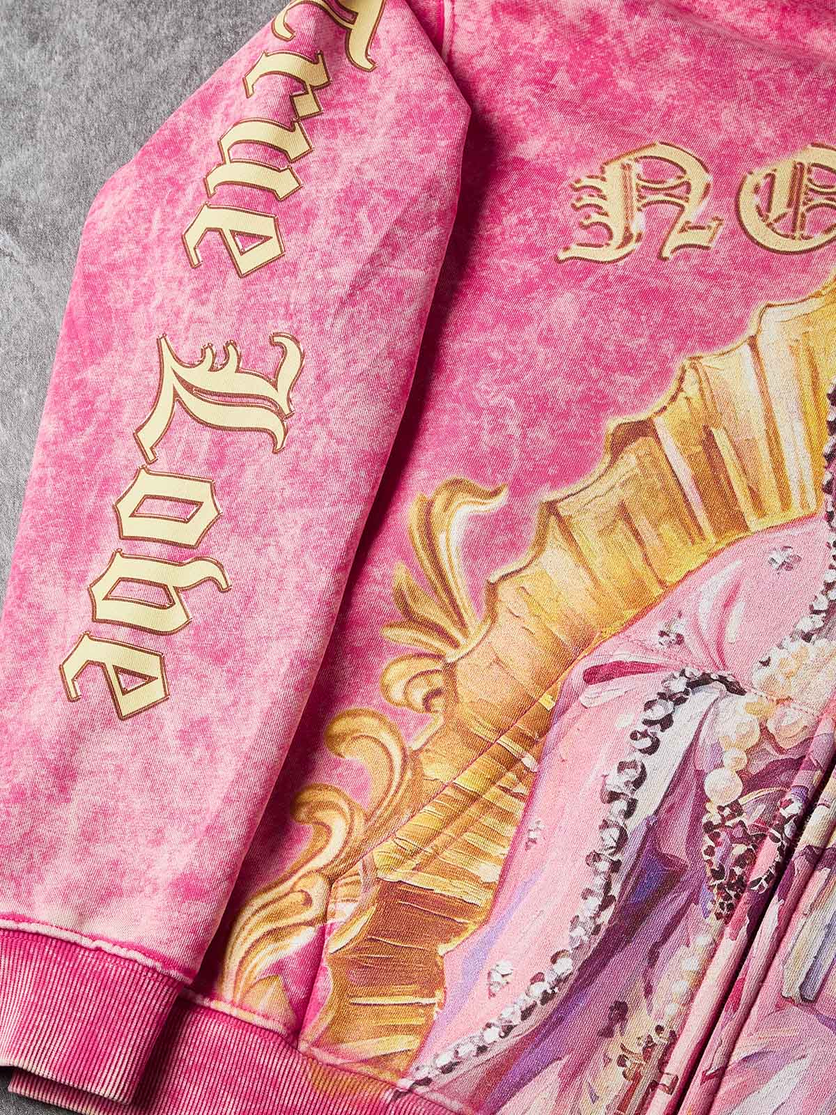NOISSEY Stone Washed Peach Pink Virgin of Guadalupe Printed Boxy Zip-Up Hoodie