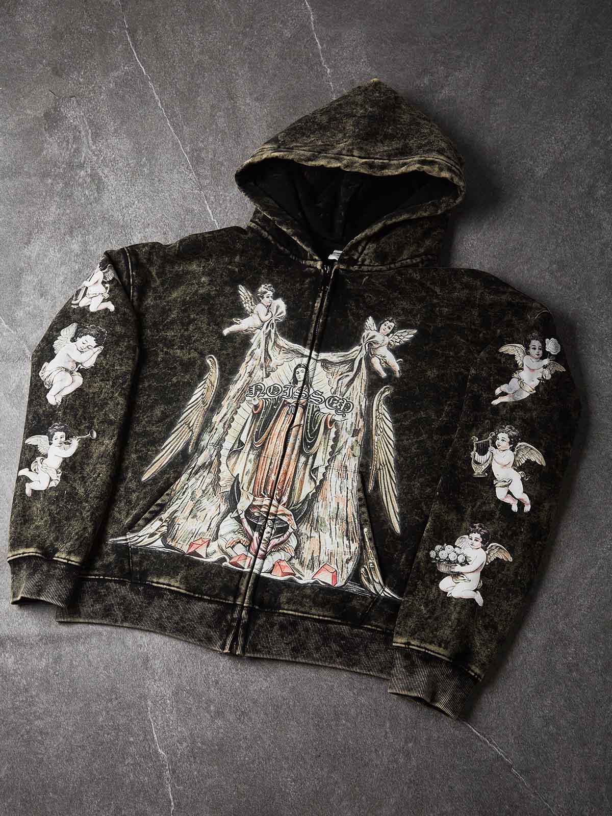 NOISSEY Vintage Washed Virgin Mary & Angels Graphic Boxy Zip-Up Hoodie - Acid Wash Black