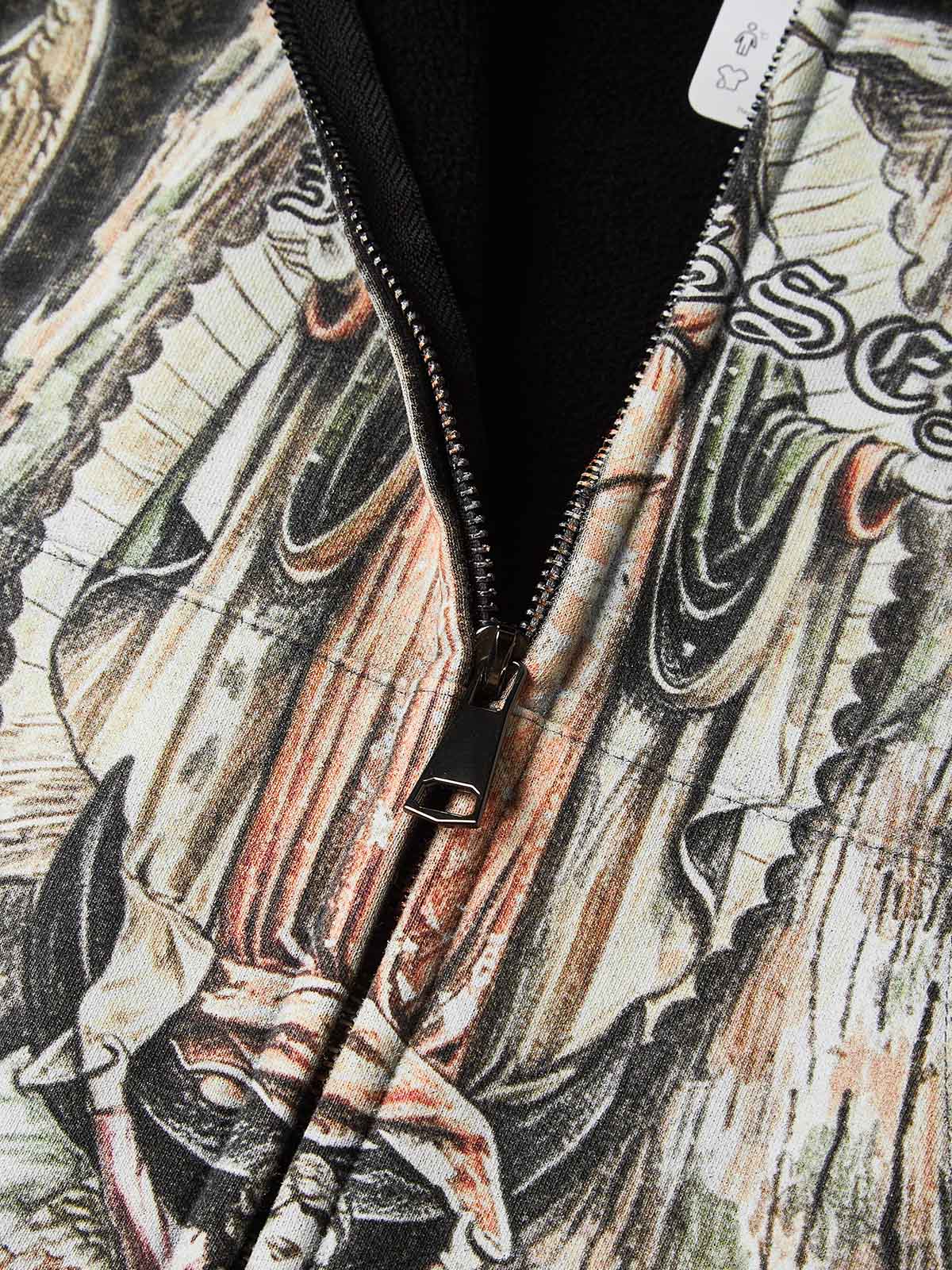 NOISSEY Vintage Washed Virgin Mary & Angels Graphic Boxy Zip-Up Hoodie - Acid Wash Black