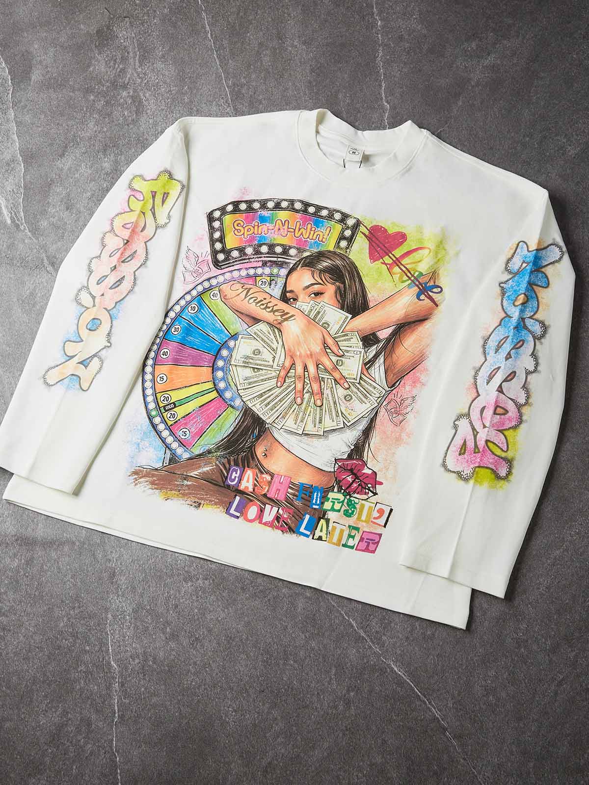 NOISSEY Langarm-Sweatshirt mit Glücksrad und Frauenporträt mit Dollar-Motiv – zwei Farben