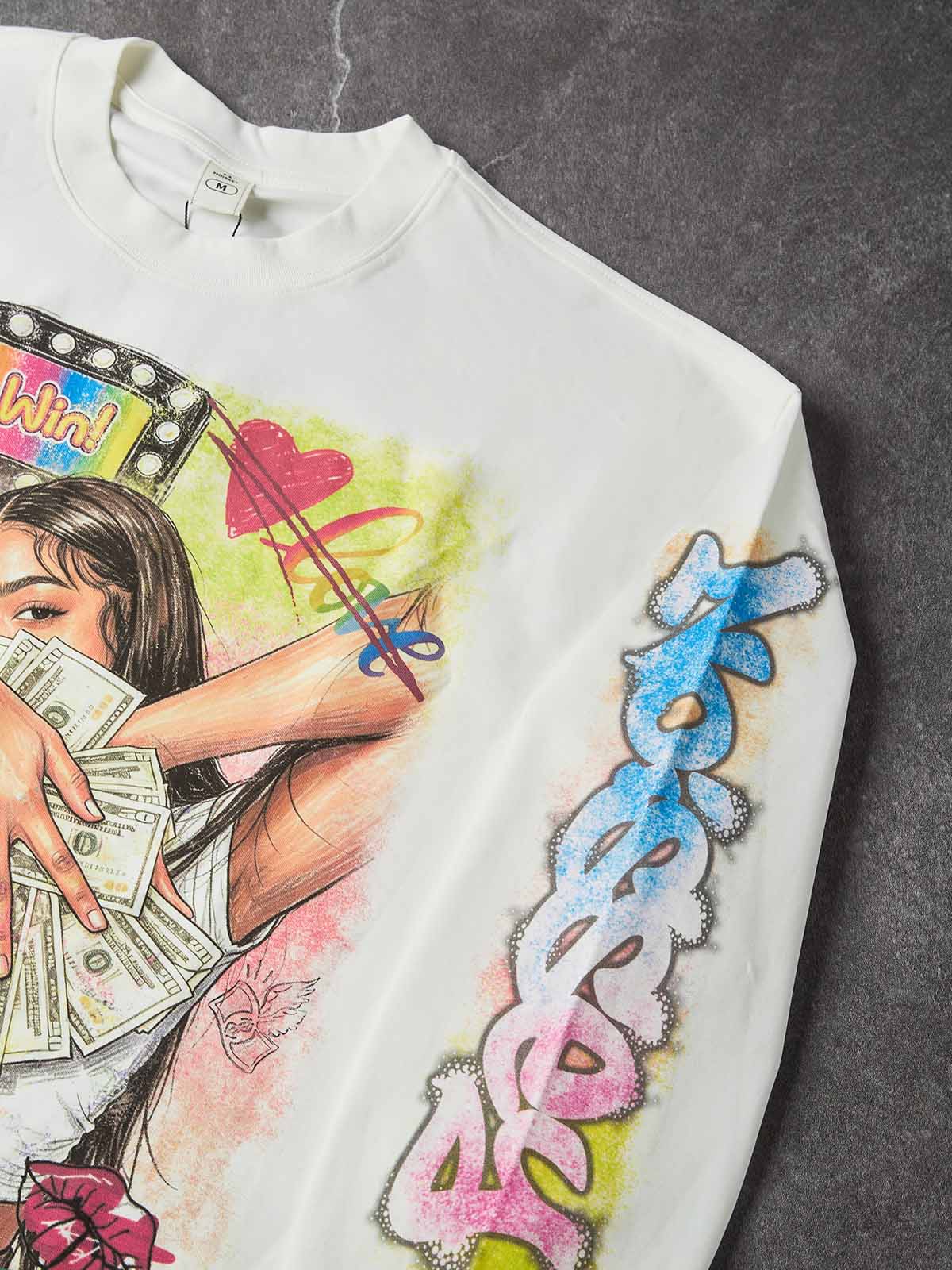 NOISSEY Langarm-Sweatshirt mit Glücksrad und Frauenporträt mit Dollar-Motiv – zwei Farben