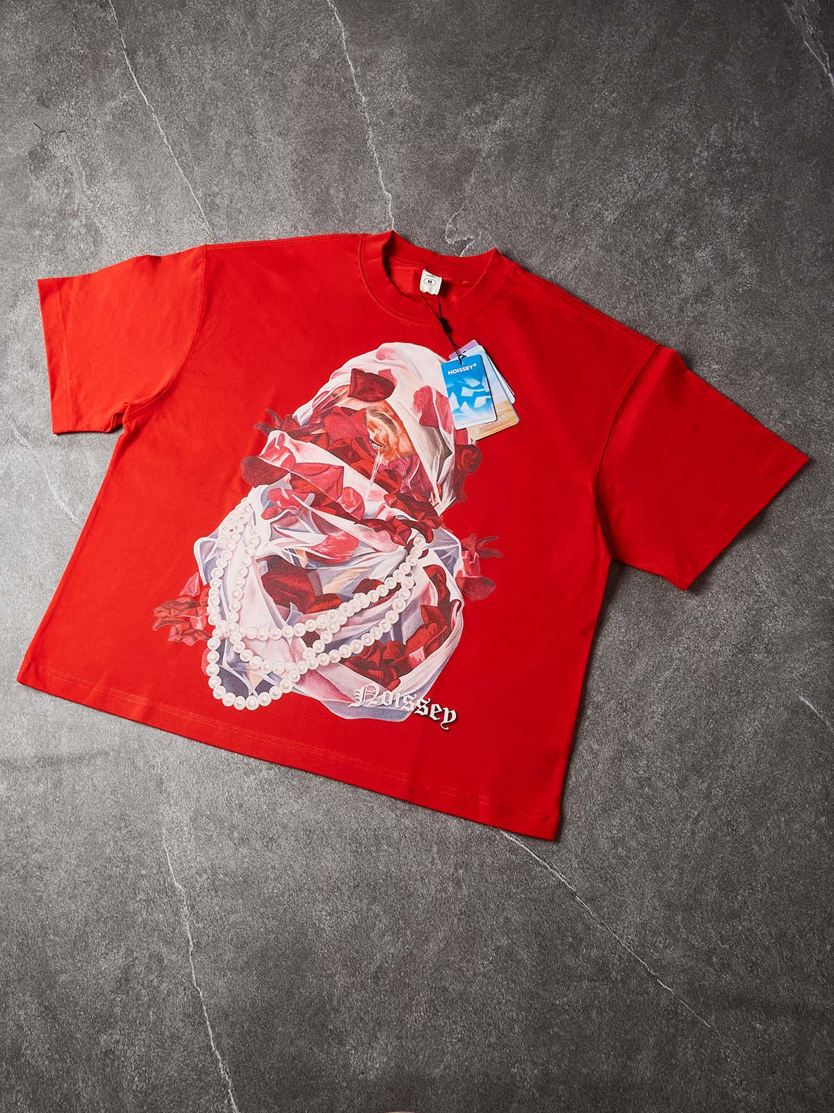 NOISSEY Veiled Rose & Pearl Portrait Red Boxy T-Shirt - Vibrant Red