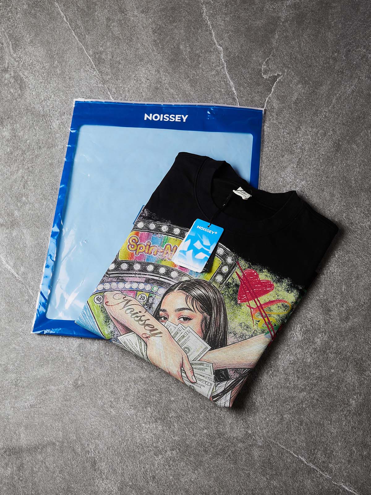 NOISSEY Langarm-Sweatshirt mit Glücksrad und Frauenporträt mit Dollar-Motiv – zwei Farben