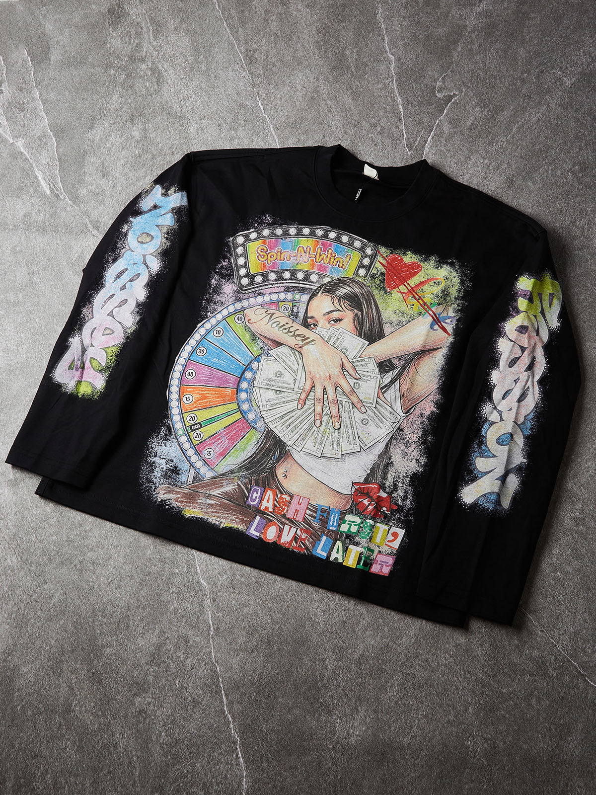 NOISSEY Langarm-Sweatshirt mit Glücksrad und Frauenporträt mit Dollar-Motiv – zwei Farben