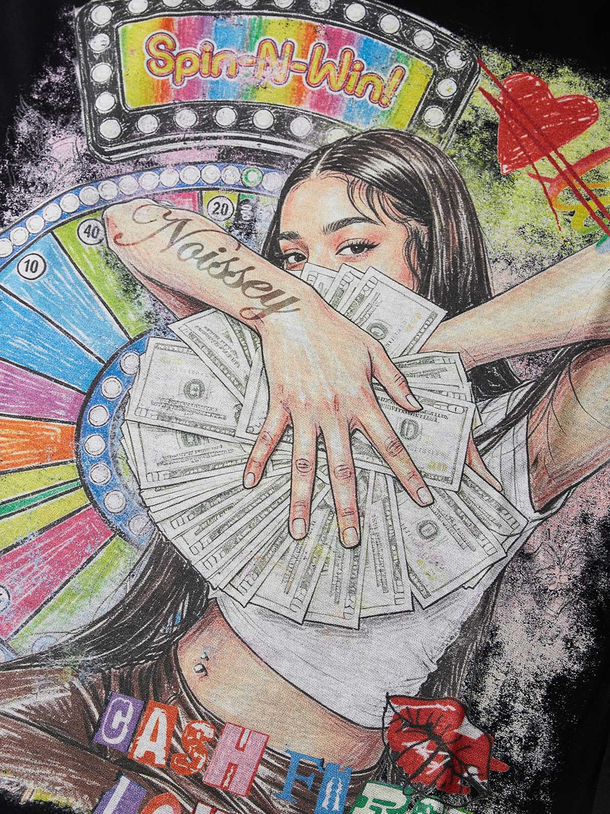 NOISSEY Langarm-Sweatshirt mit Glücksrad und Frauenporträt mit Dollar-Motiv – zwei Farben