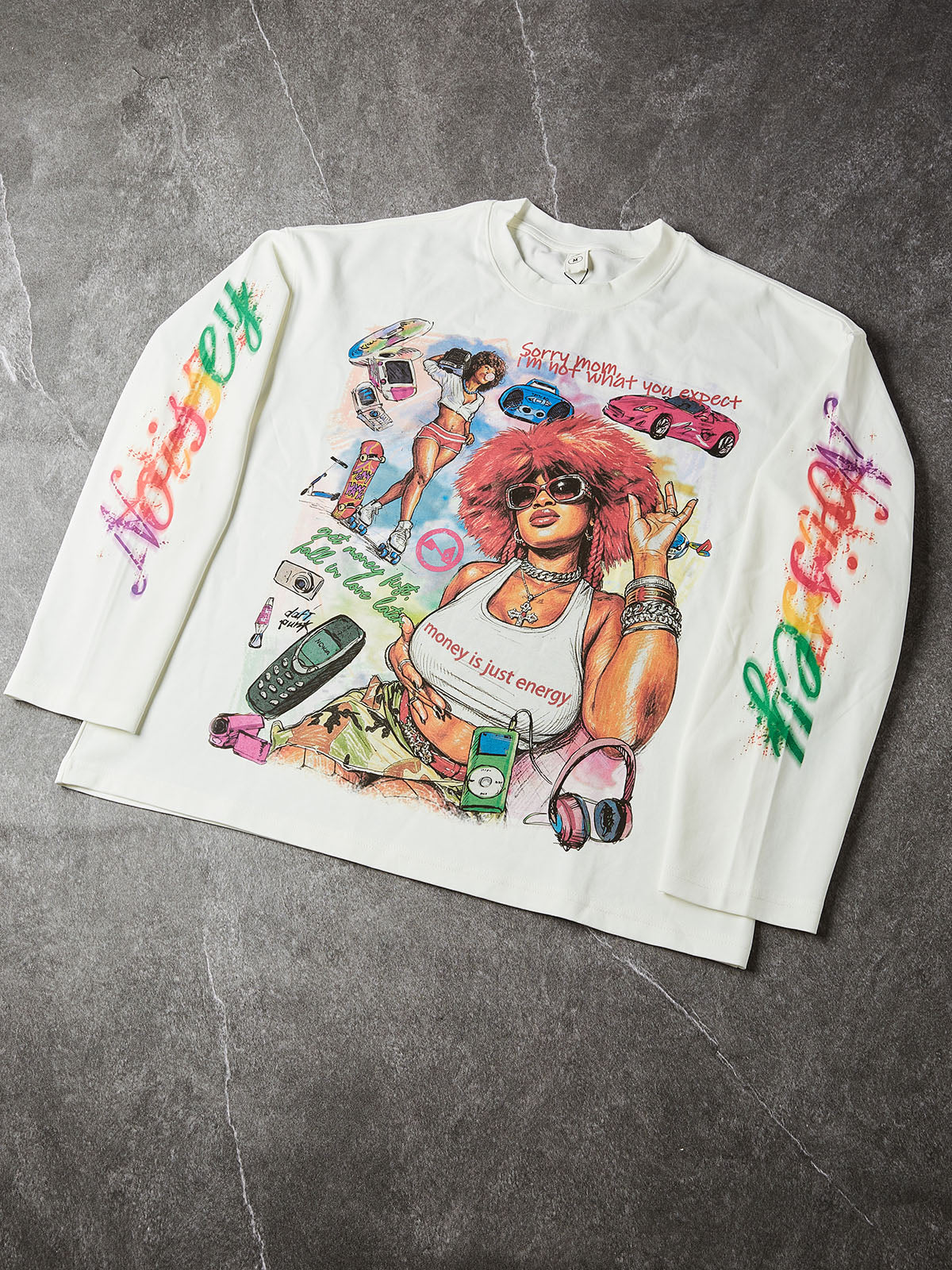 NOISSEY Y2K Retro Graffiti Female Portrait Long-Sleeve Sweatshirt - Pure White / Classic Black