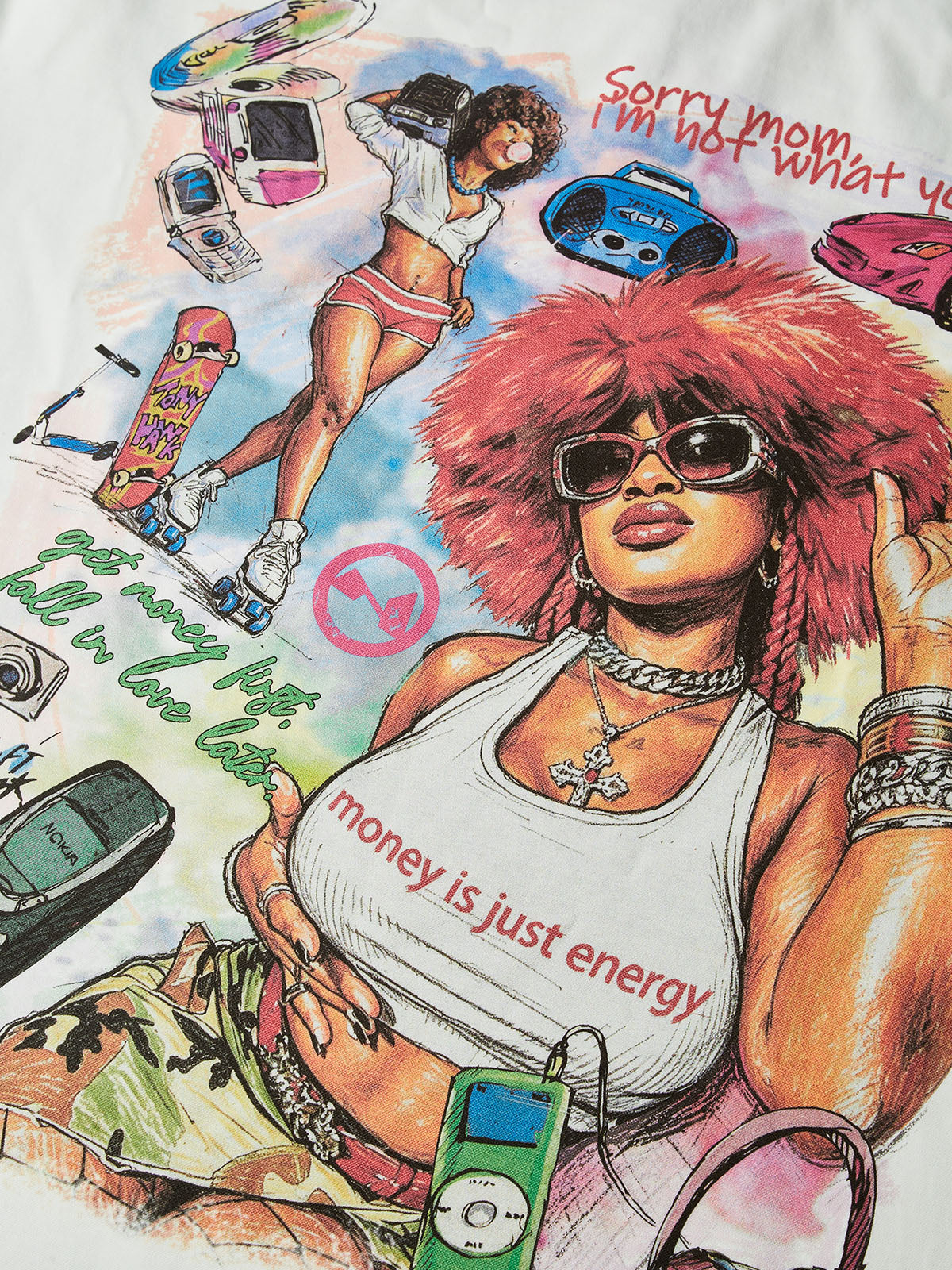 NOISSEY Y2K Retro Graffiti Female Portrait Long-Sleeve Sweatshirt - Pure White / Classic Black