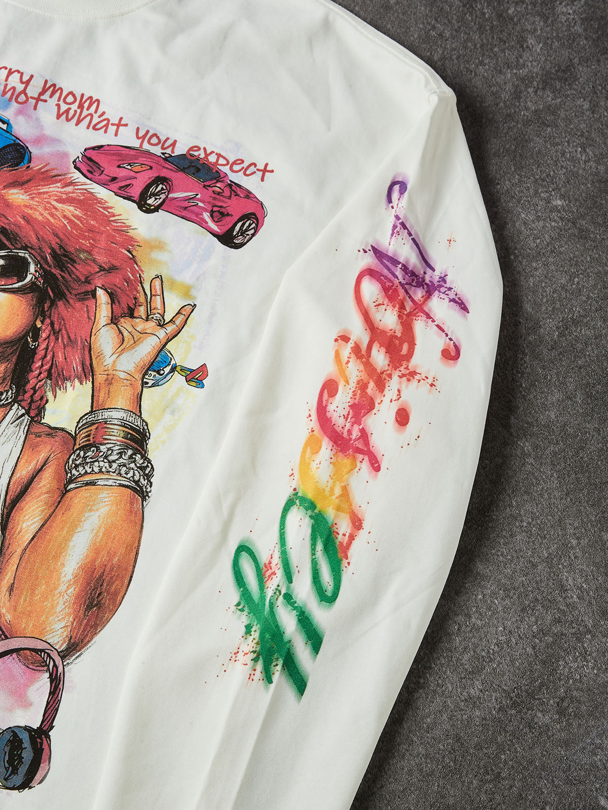 NOISSEY Y2K Retro Graffiti Female Portrait Long-Sleeve Sweatshirt - Pure White / Classic Black