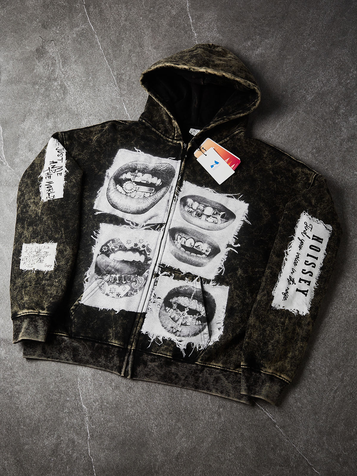 NOISSEY Washed Vintage Faux-Patchwork Diamond Grillz Lips Zip-Up Hoodie - Washed Black