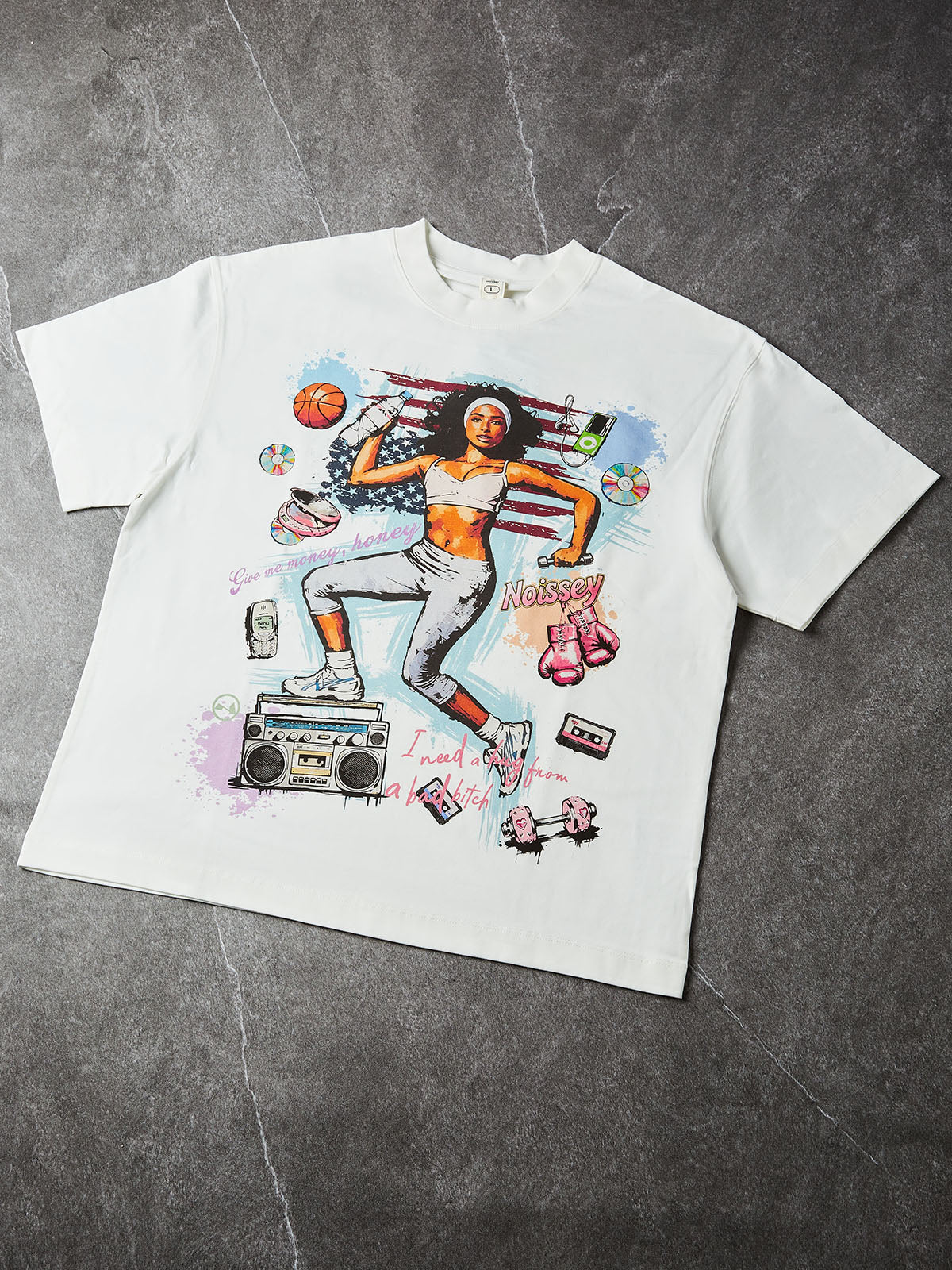 Camiseta extragrande NOISSEY con gráfico retro de chica fitness y radiocasete - Blanco puro