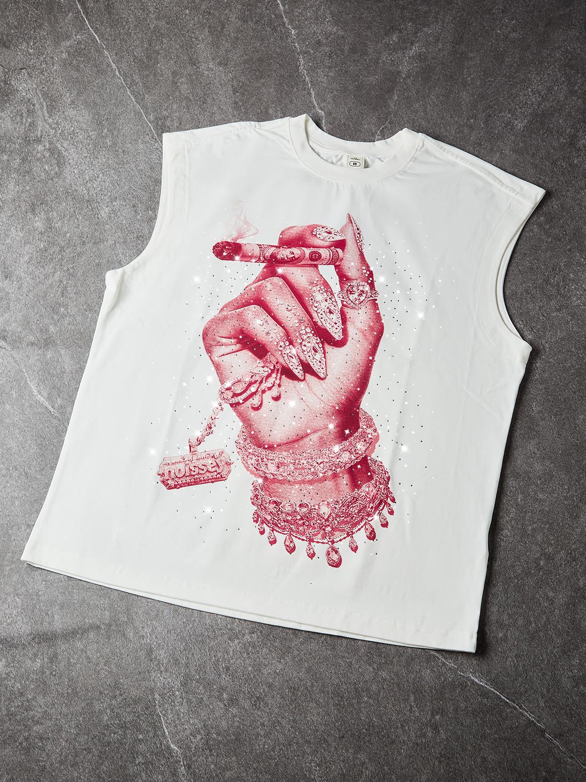 NOISSEY Diamond Nail &amp; Bracelet Hand Gesture Graphic Tank Top - Pure White
