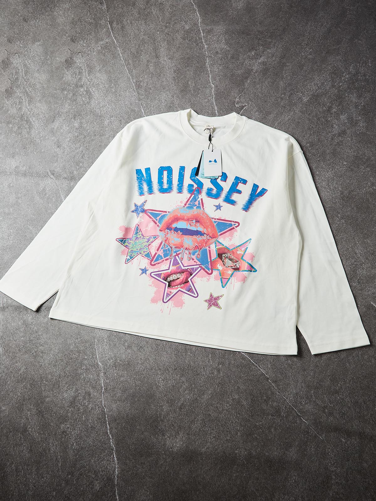 NOISSEY Y2K Vintage Grillz Lips & Star Collage Long-Sleeve Sweatshirt - Pure White
