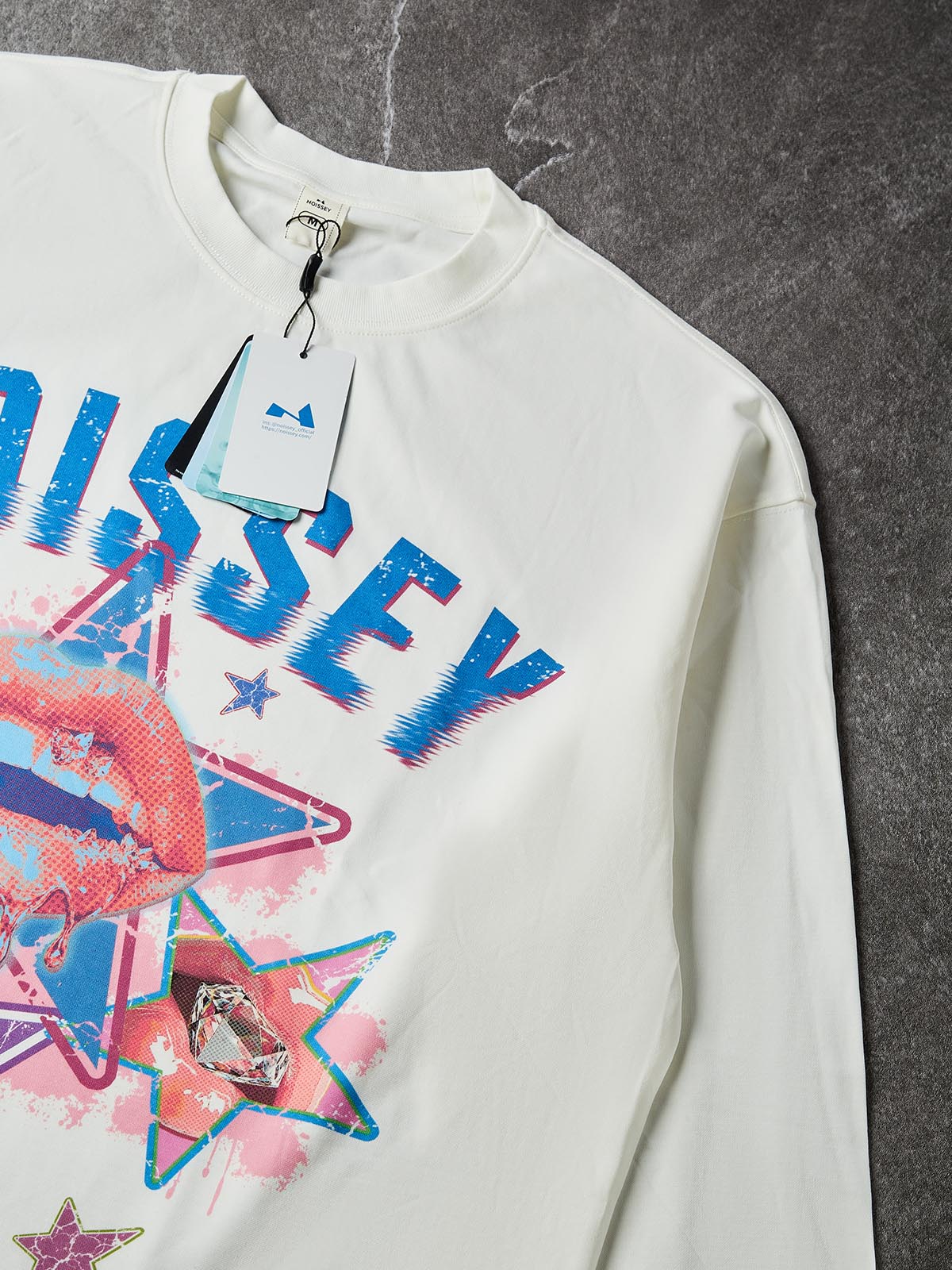 NOISSEY Y2K Vintage Grillz Lips & Star Collage Long-Sleeve Sweatshirt - Pure White