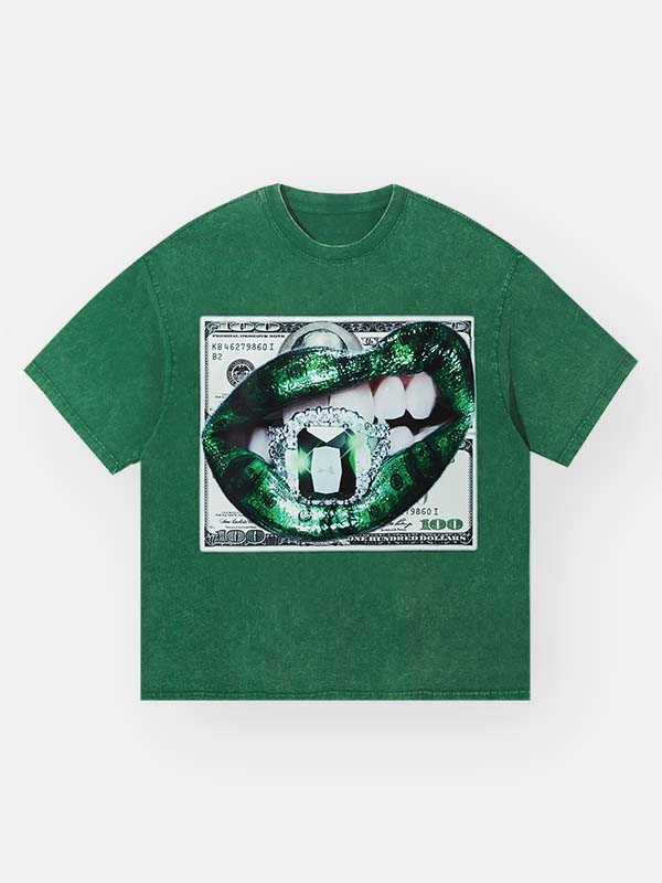 Green diamond lips money washed print T-shirt