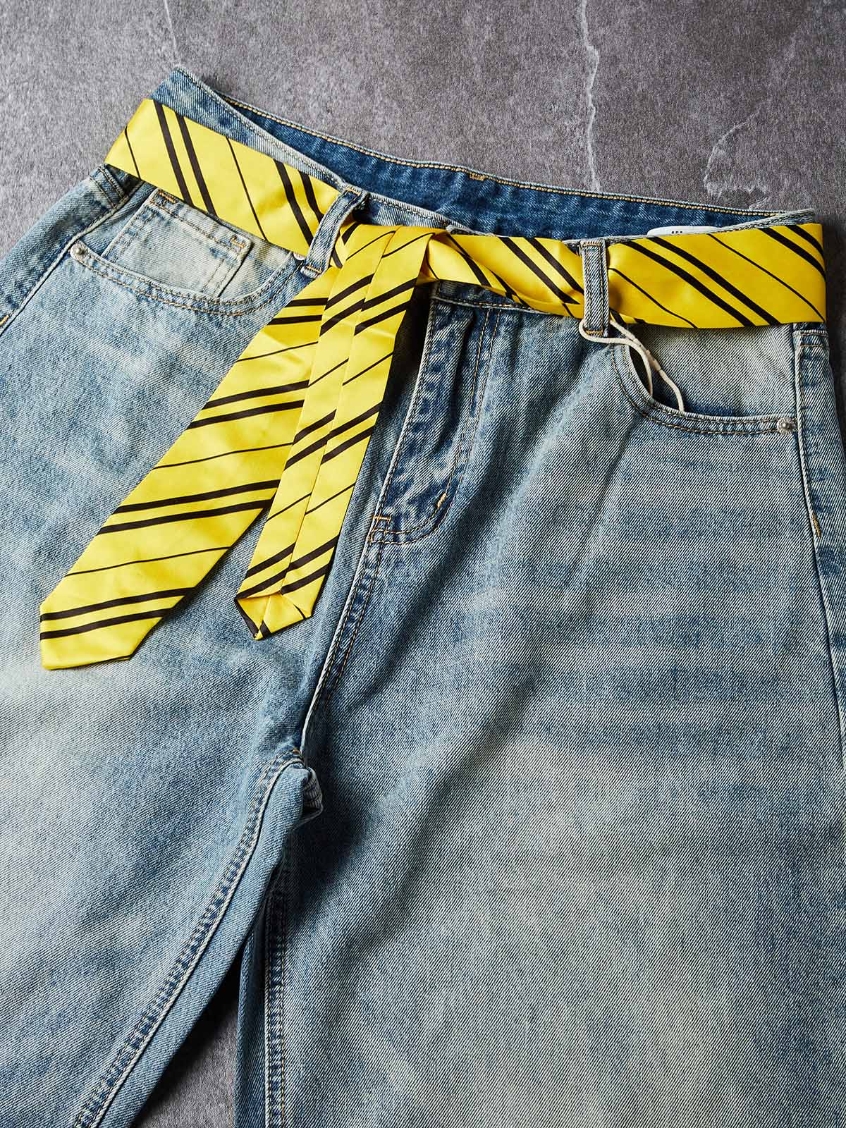 NOISSEY Vintage Washed Whiskered Curved-Leg Denim Jeans with Striped Tie Belt - Vintage Blue