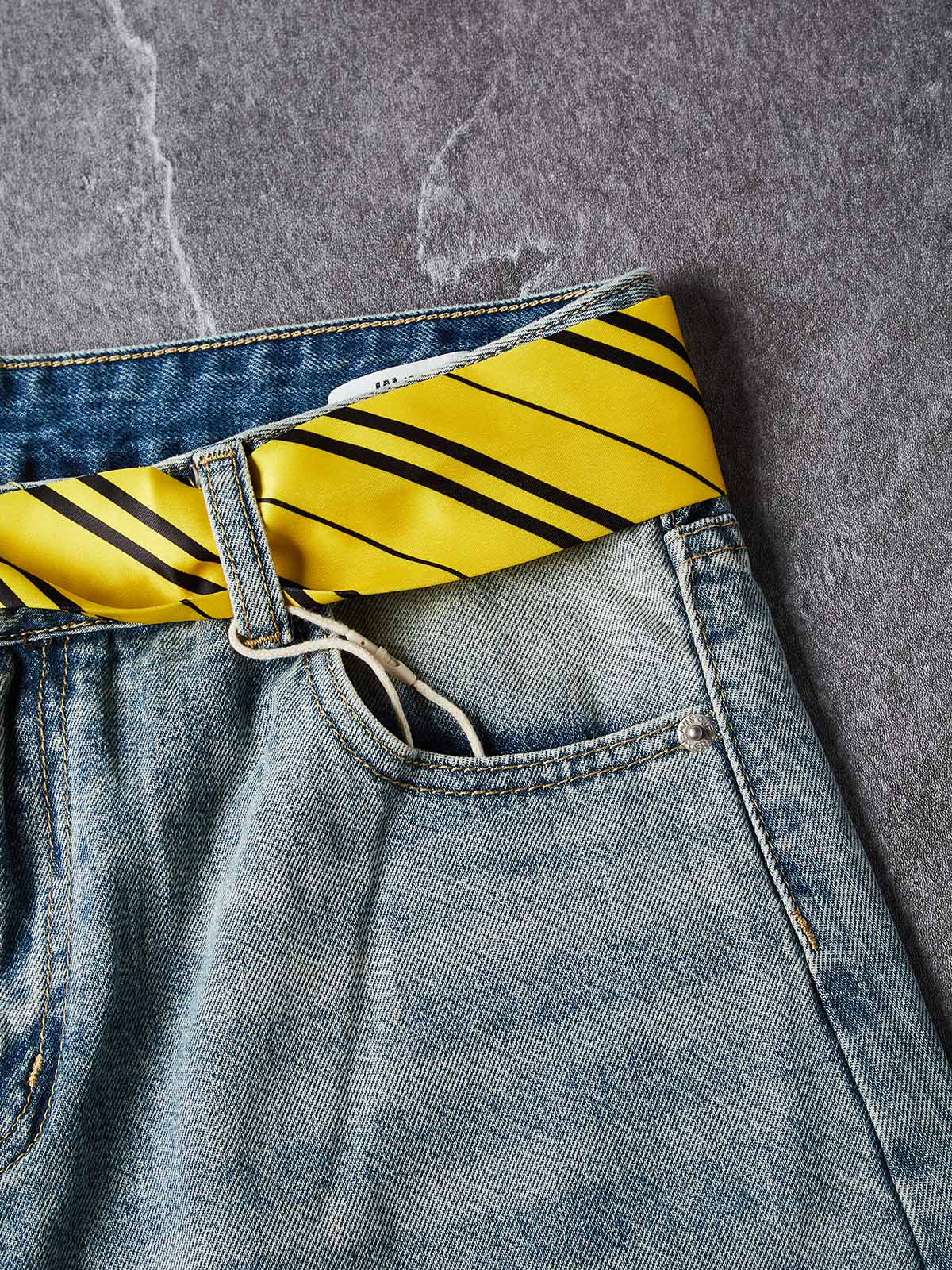 NOISSEY Vintage Washed Whiskered Curved-Leg Denim Jeans with Striped Tie Belt - Vintage Blue