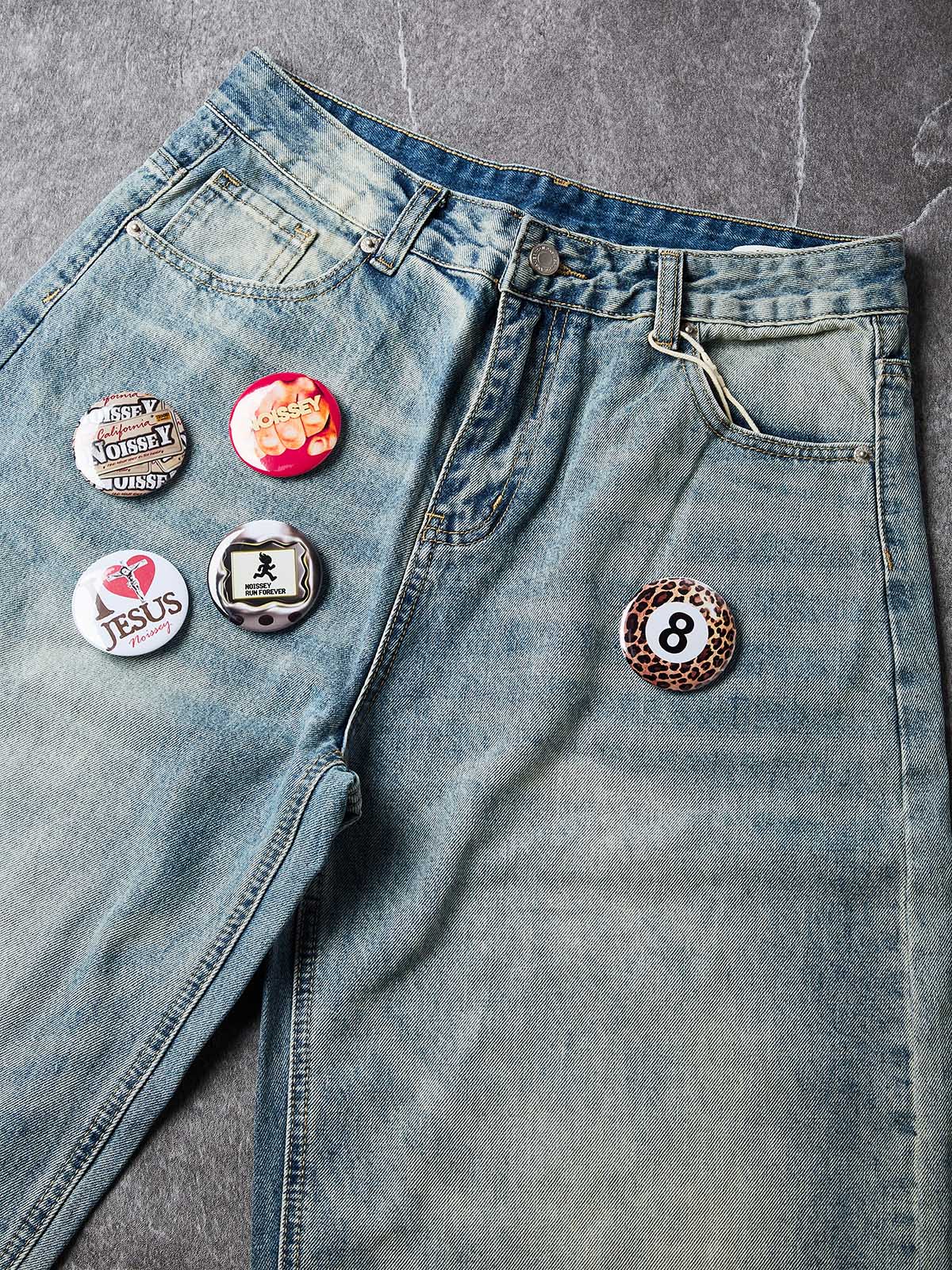 NOISSEY Vintage Washed Whiskered Curved-Leg Denim Jeans with DIY Badges - Vintage Blue