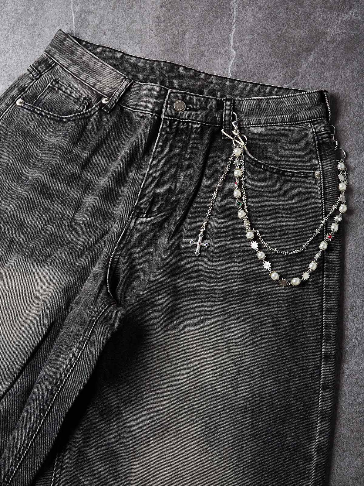 NOISSEY American Vintage Washed Whisker Curved Barrel Jeans with Pearl Cross Chain - Washed Black