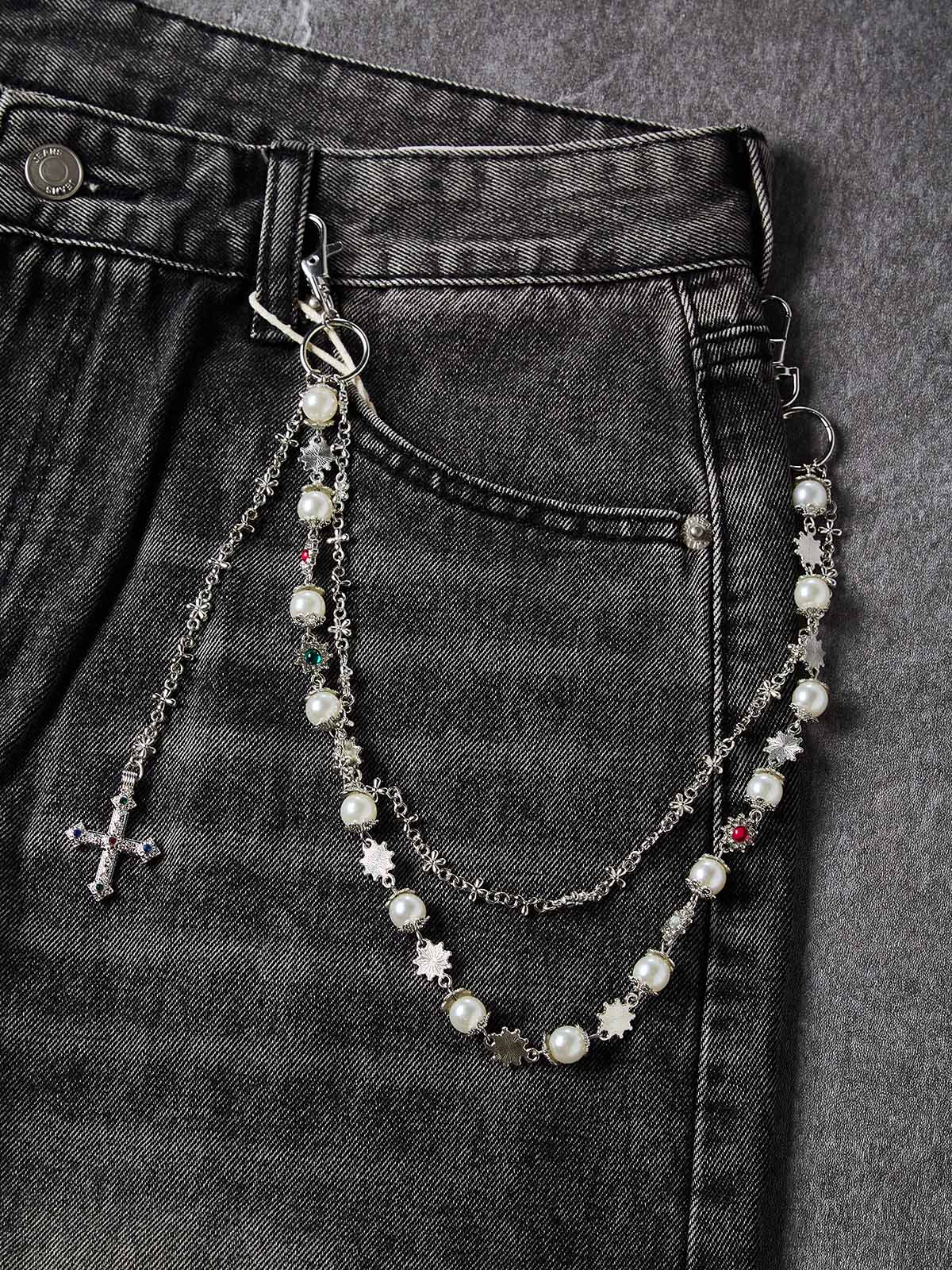 NOISSEY American Vintage Washed Whisker Curved Barrel Jeans with Pearl Cross Chain - Washed Black
