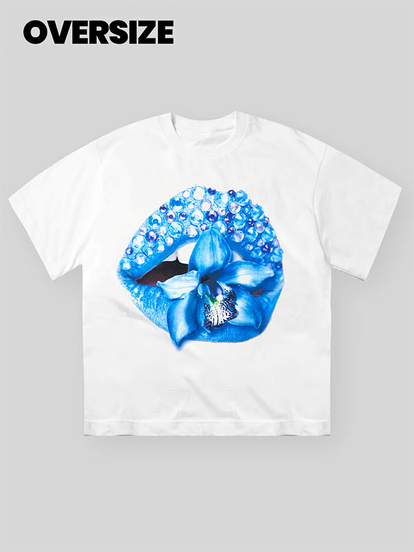 Blue diamond lips flower white print T-shirt